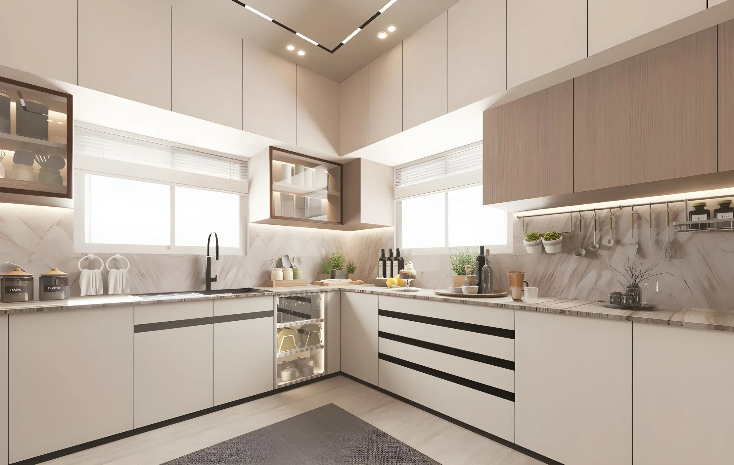 U-shaped white and beige modular kitchen with two windows, corner glass cabinets and a marble-look backsplash