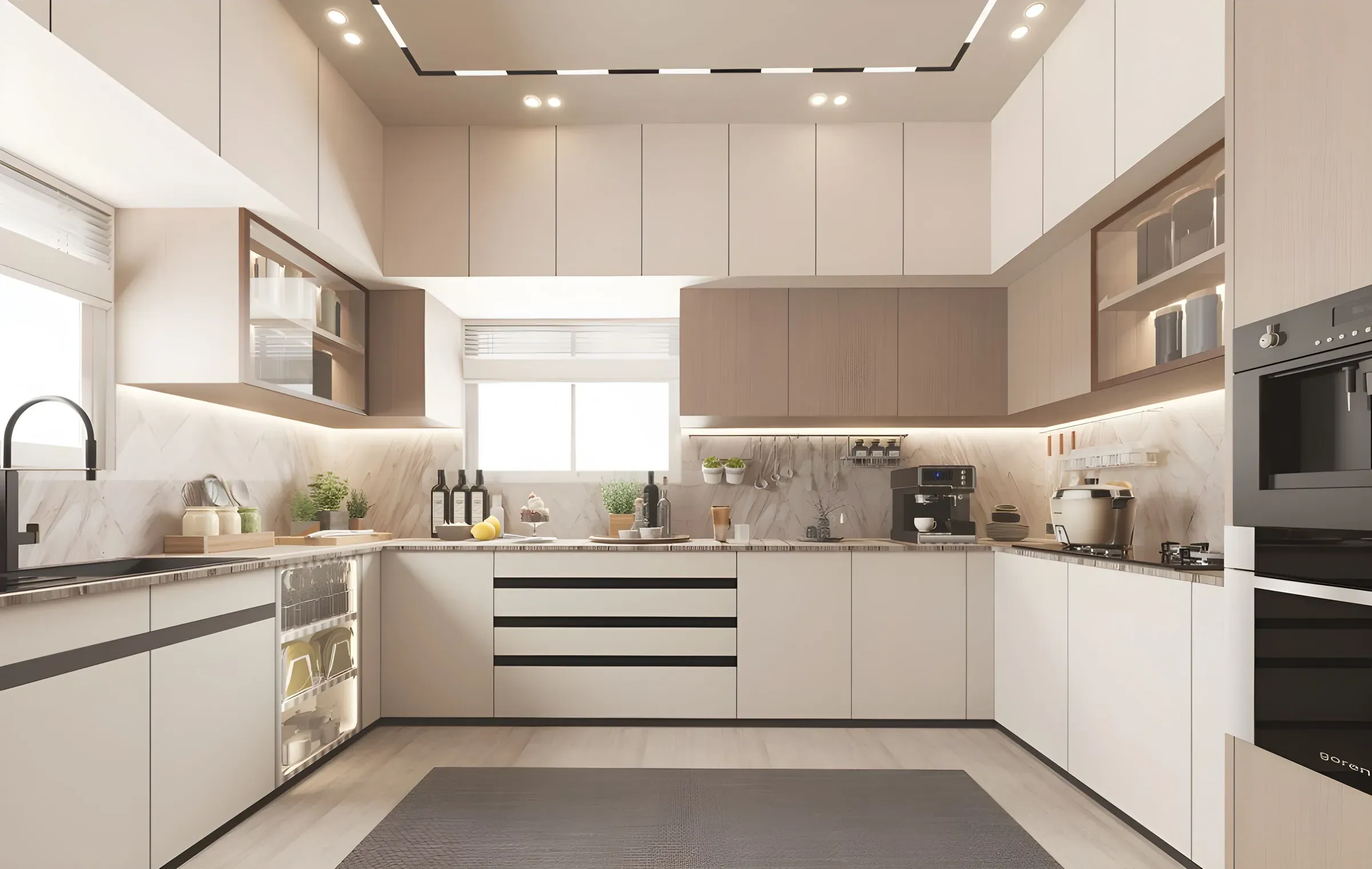 U-shaped white kitchen with black handle strips, built-in oven, hob, window and marble-look backsplash