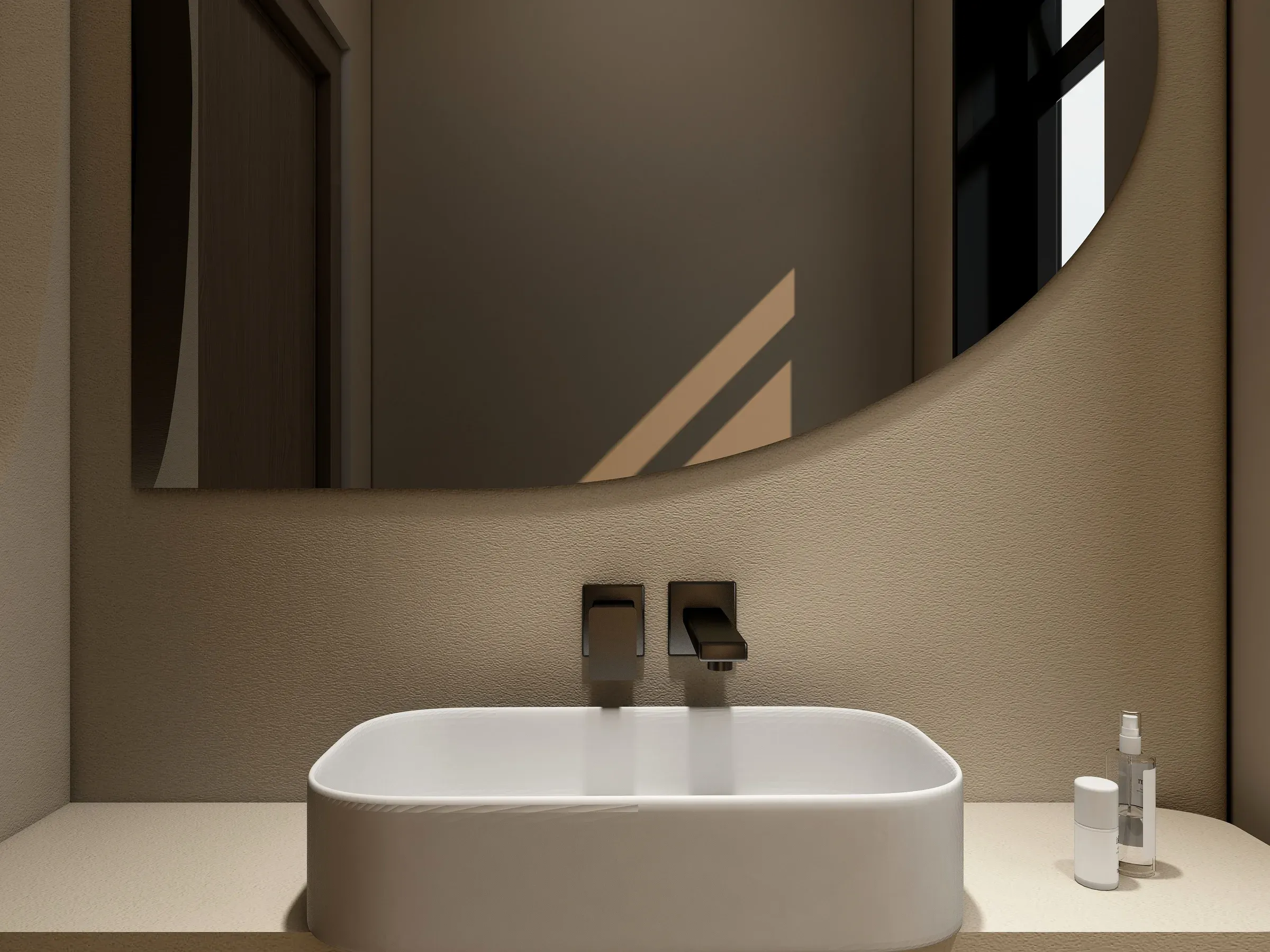 Close-up of a white rectangular basin on a beige counter with wall-mounted taps and a half-round mirror