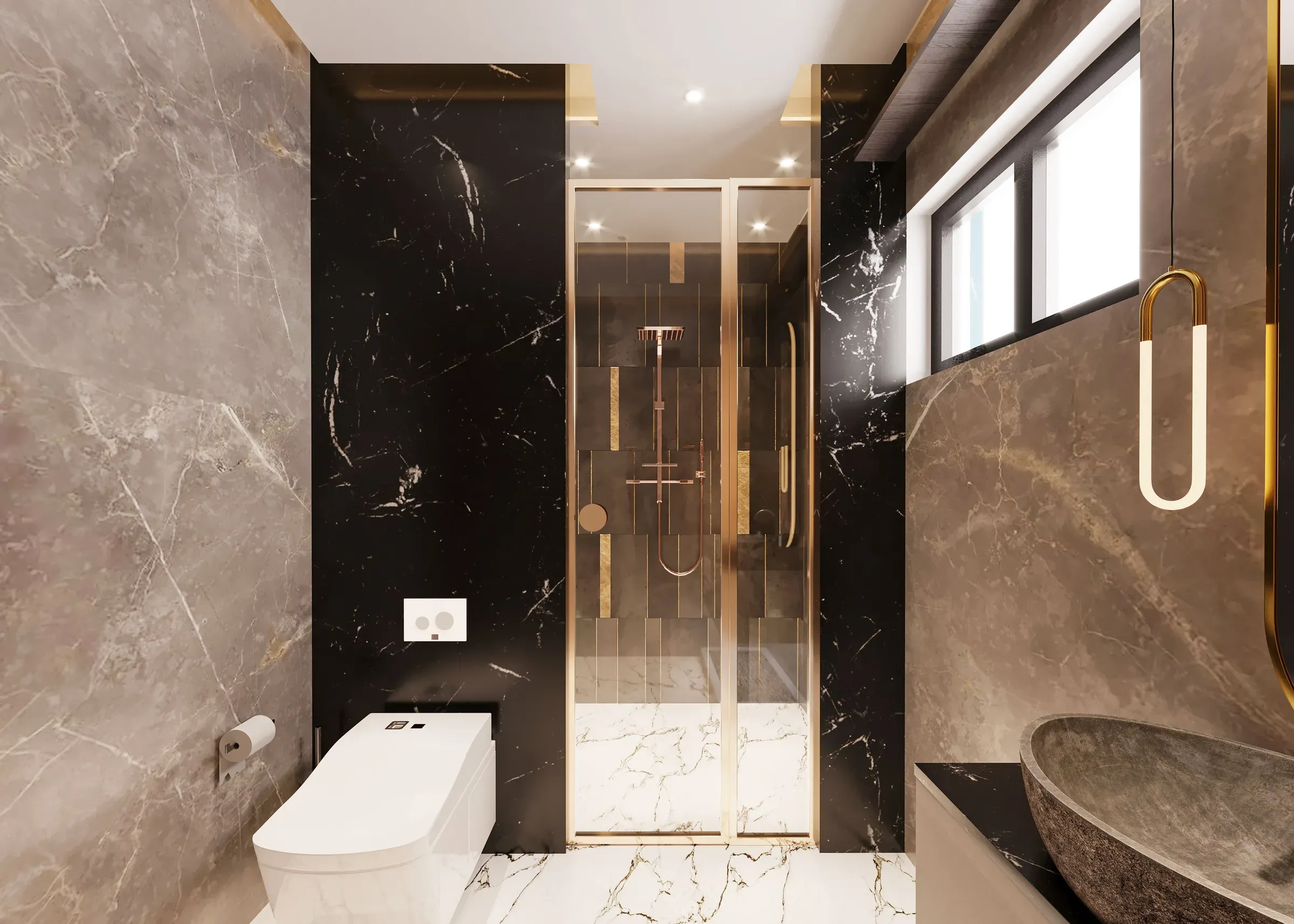 Luxury bathroom in black and grey marble with a gold-framed shower door, stone vessel basin and smart toilet