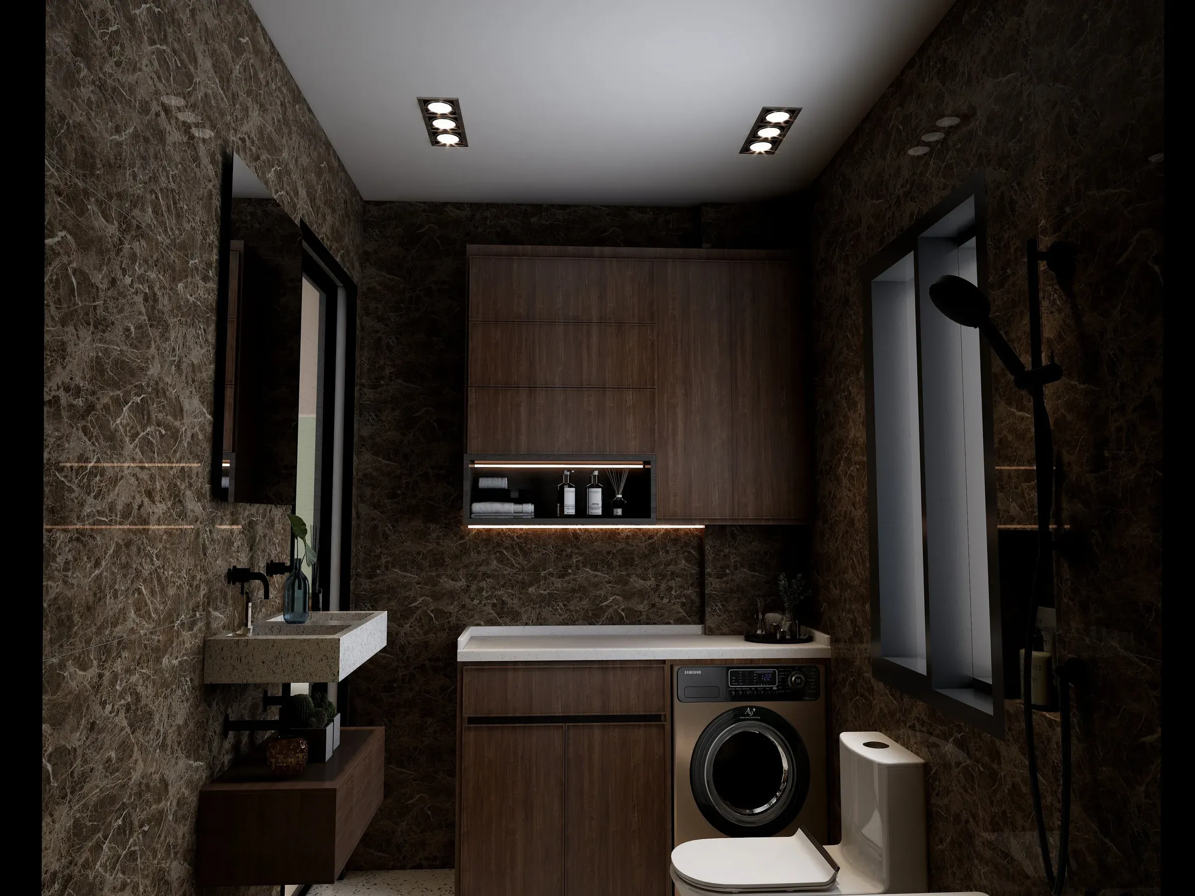 Dark brown marble-tile bathroom with wooden storage cabinets, a washing-machine niche and wall-hung basin