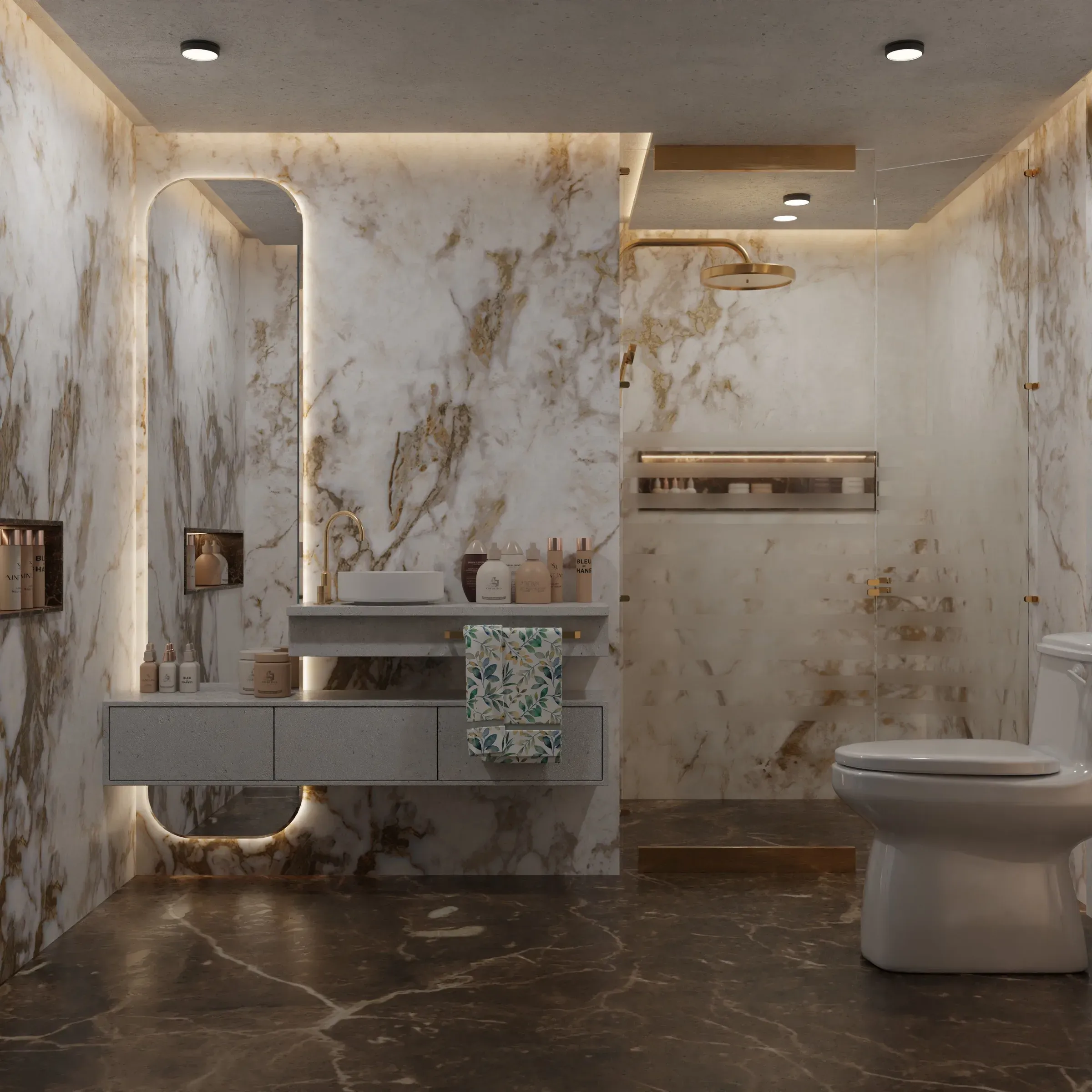 Bathroom with gold-veined white marble walls, a dark marble floor, floating vanity, capsule backlit mirror and walk-in shower