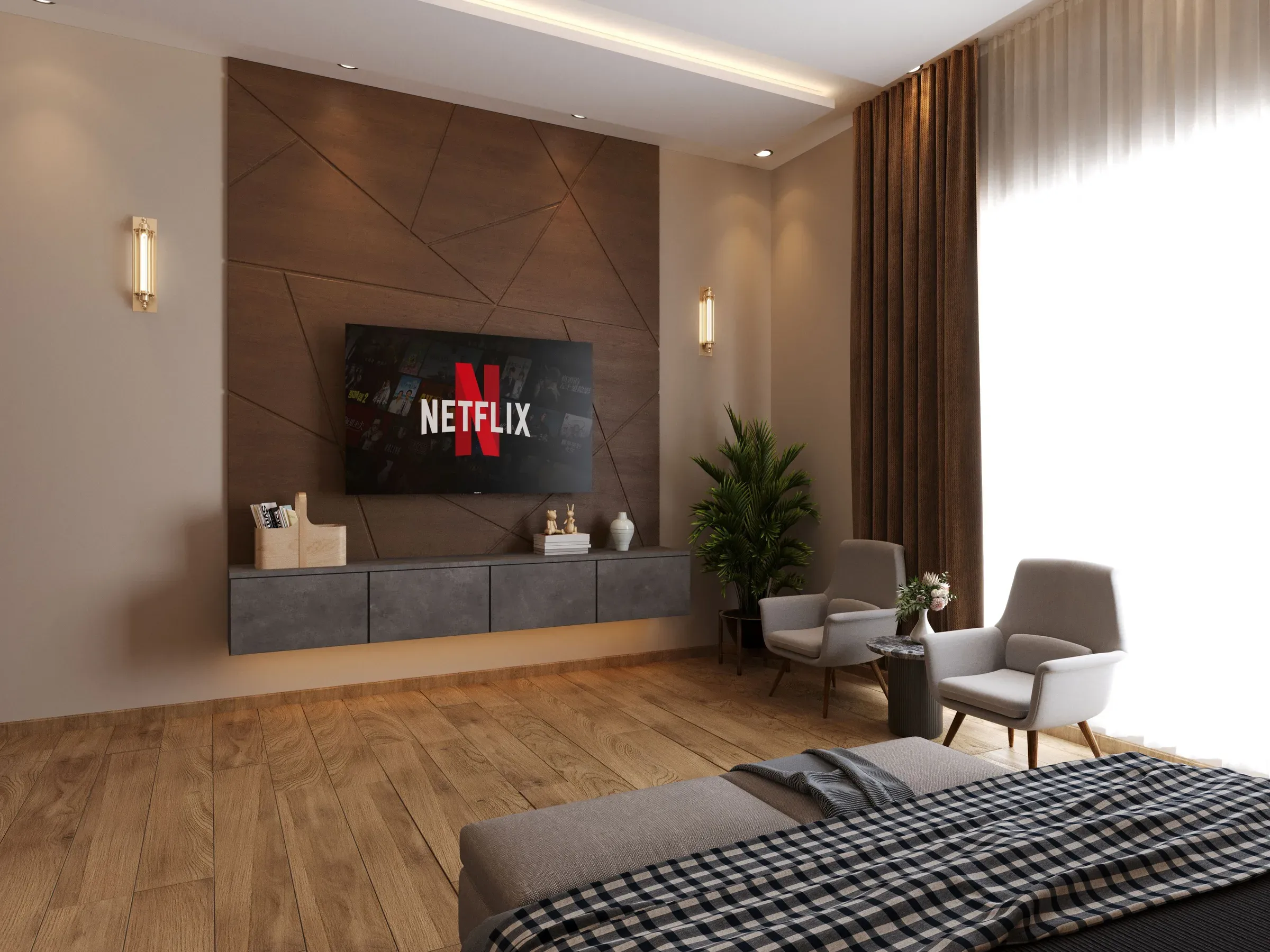 Bedroom TV wall with a geometric wooden panel, floating grey TV unit, wall sconces and two armchairs