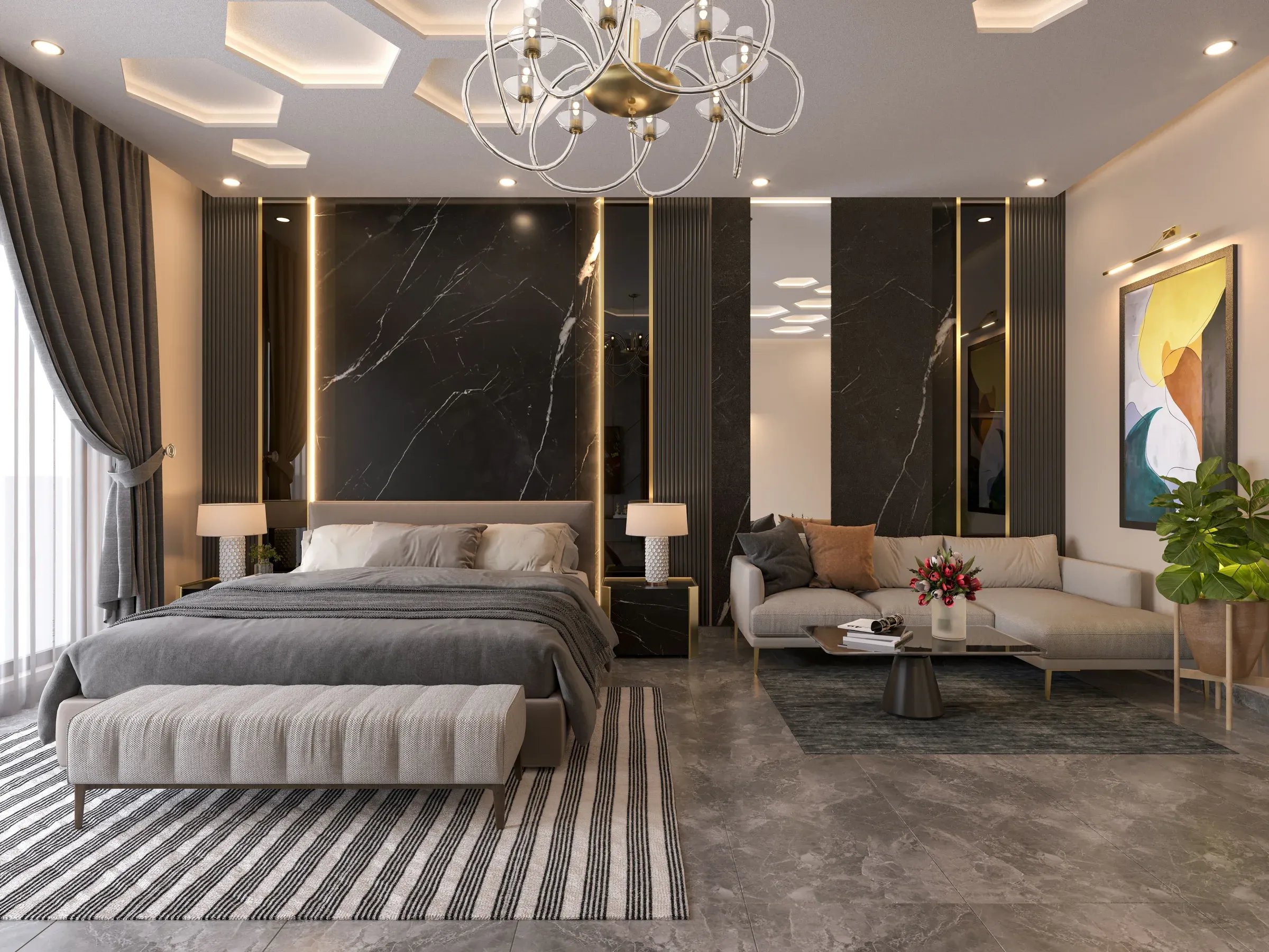 Modern bedroom with a black marble feature wall, gold LED strips, sofa seating area and geometric false ceiling