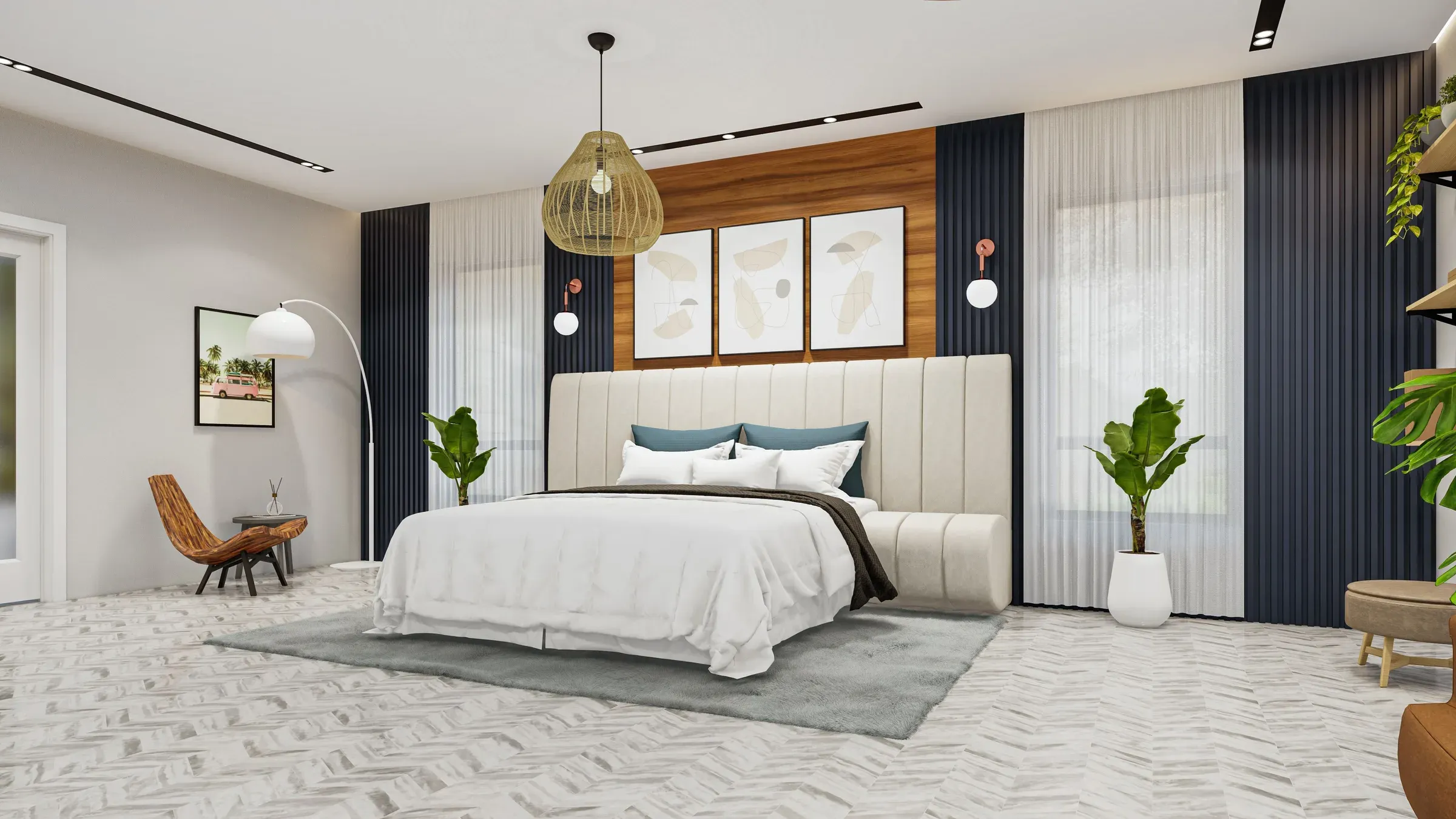 Bedroom with a tall channel-tufted headboard, navy fluted wall panels, wooden panel with botanical prints and a cane pendant