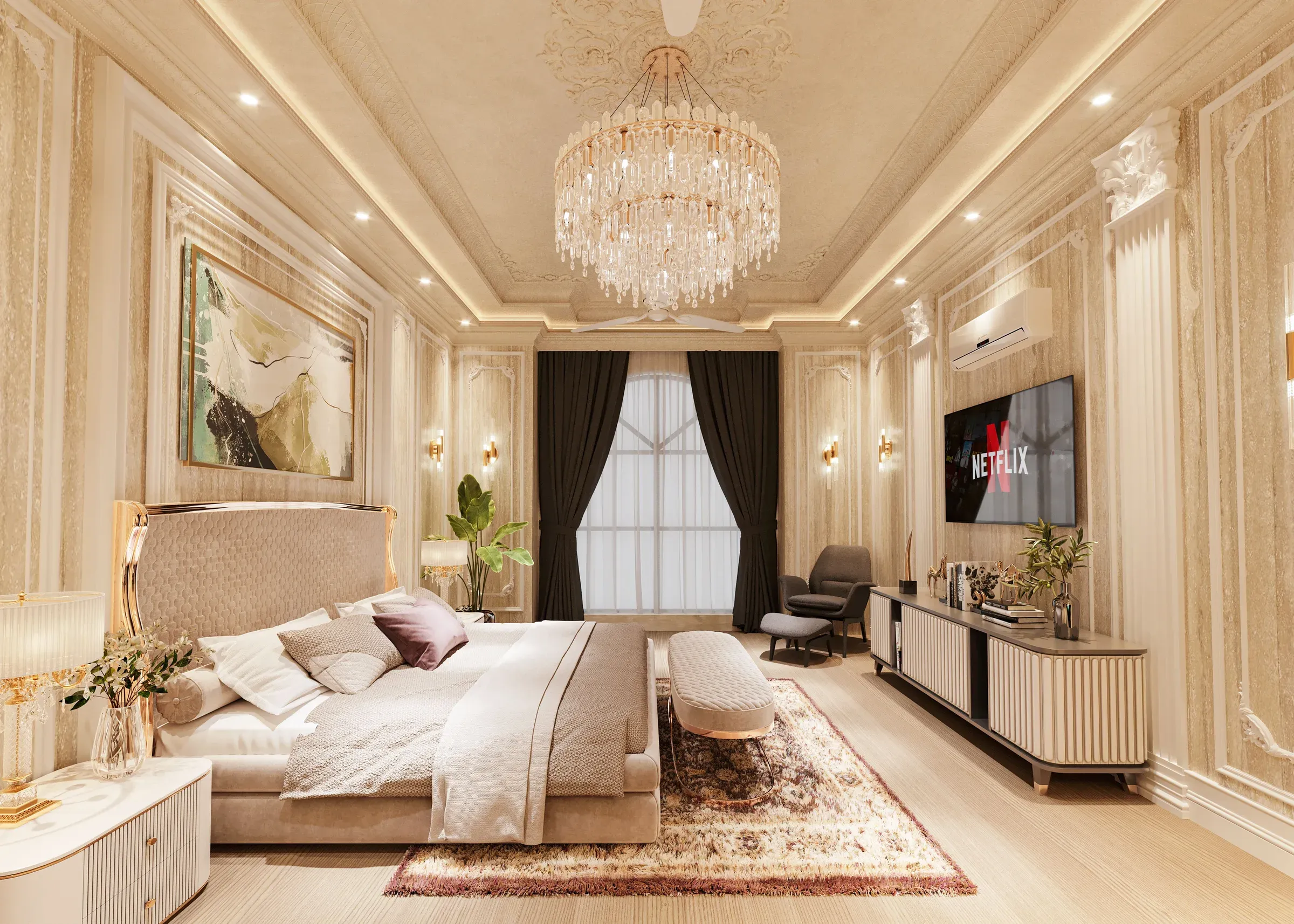 Classic cream bedroom with a crystal chandelier, fluted TV unit, wall-mounted TV and arched window