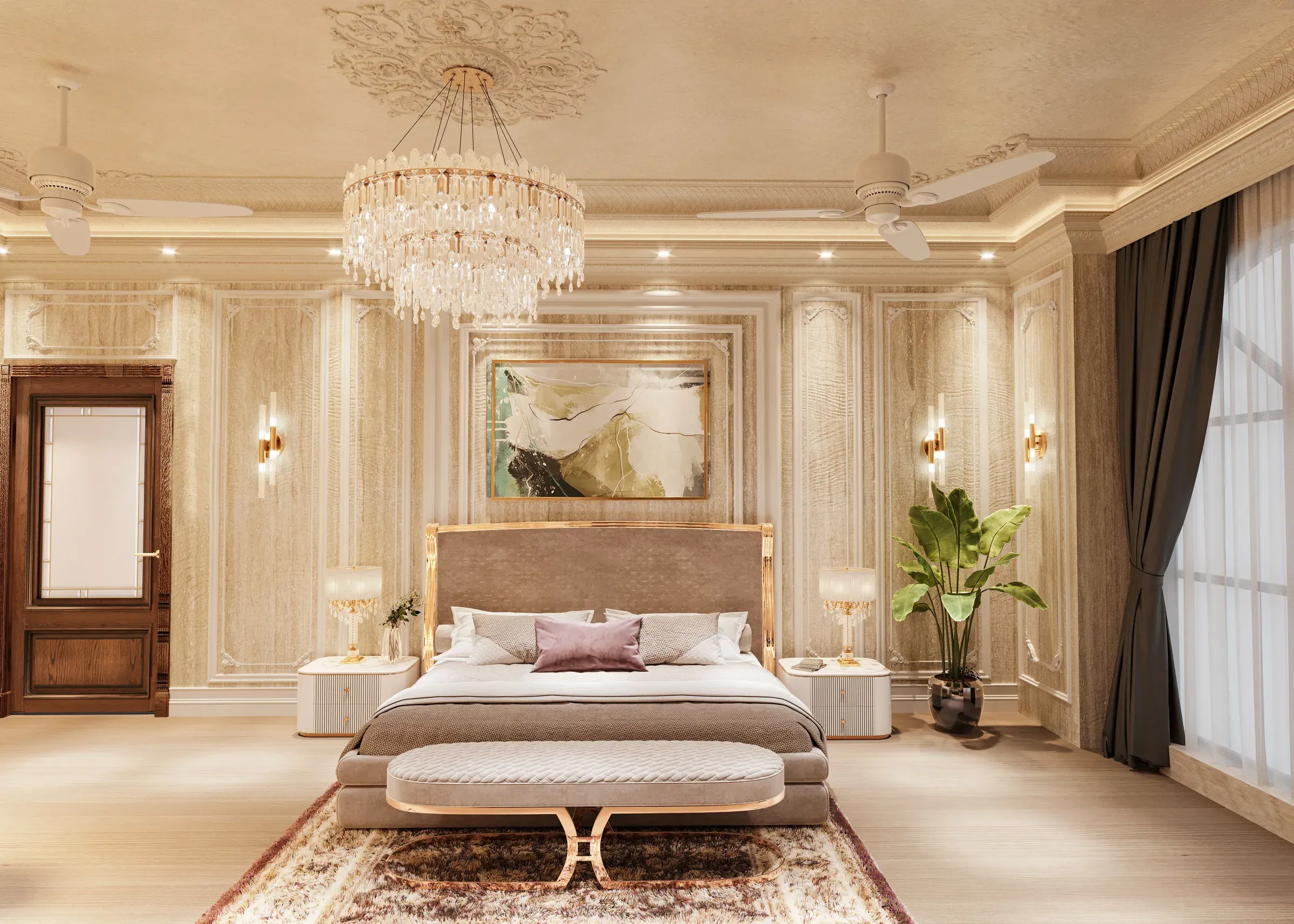 Cream bedroom with panelled walls, a crystal chandelier, ceiling medallion, upholstered bed and abstract art