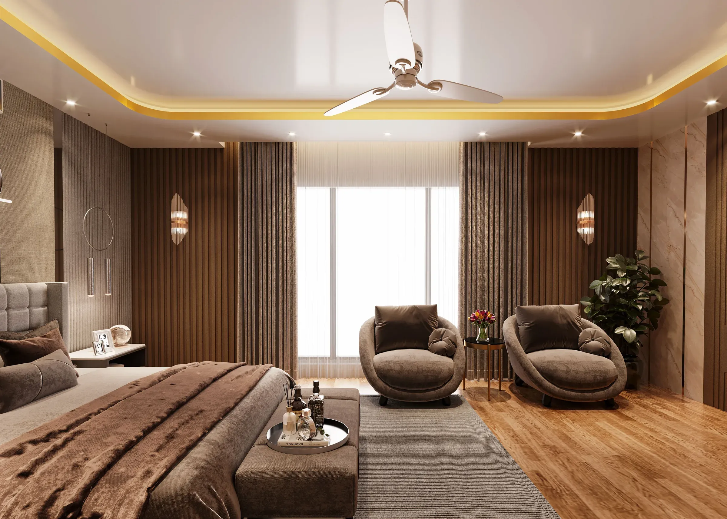Bedroom with fluted wooden wall panels, cove-lit ceiling, two lounge chairs and a wooden floor