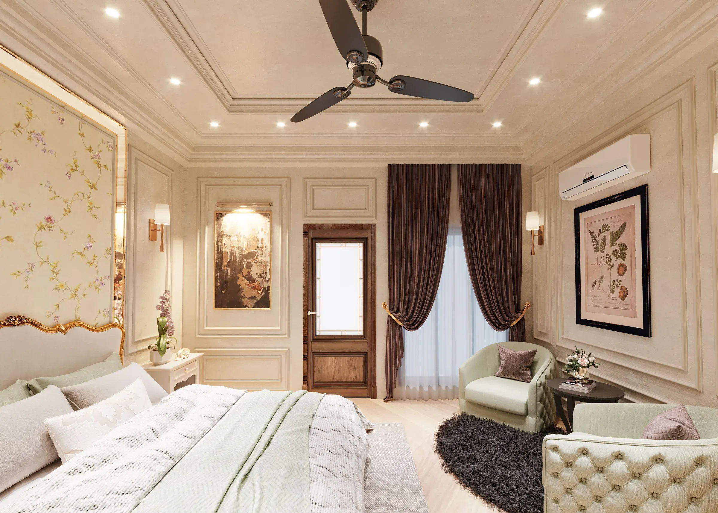 Bedroom with moulded cream walls, floral wallpaper, two armchairs, wooden door and dark curtains