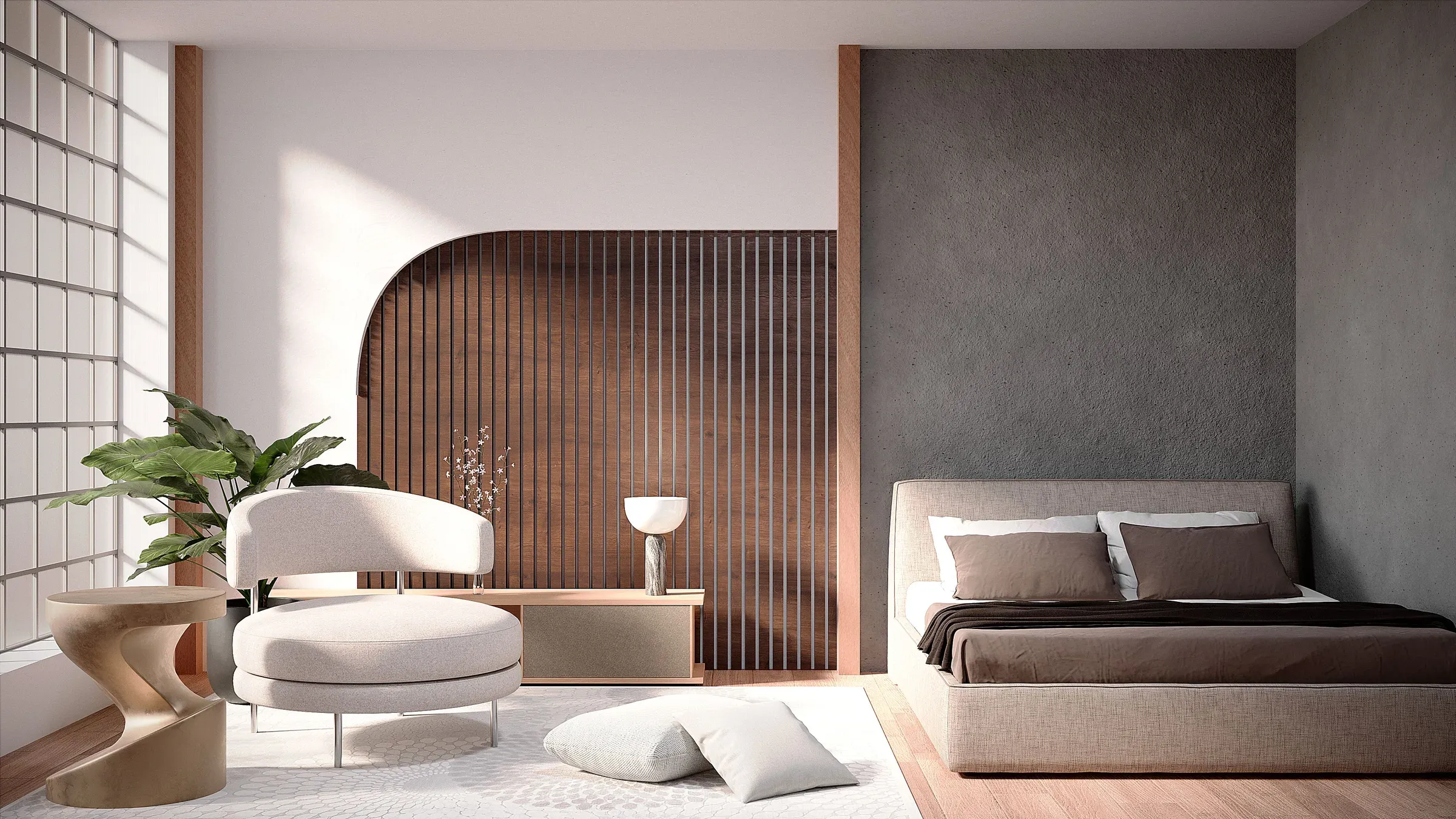 Japandi bedroom with an arched wooden slat panel, grey textured wall, upholstered bed and boucle armchair