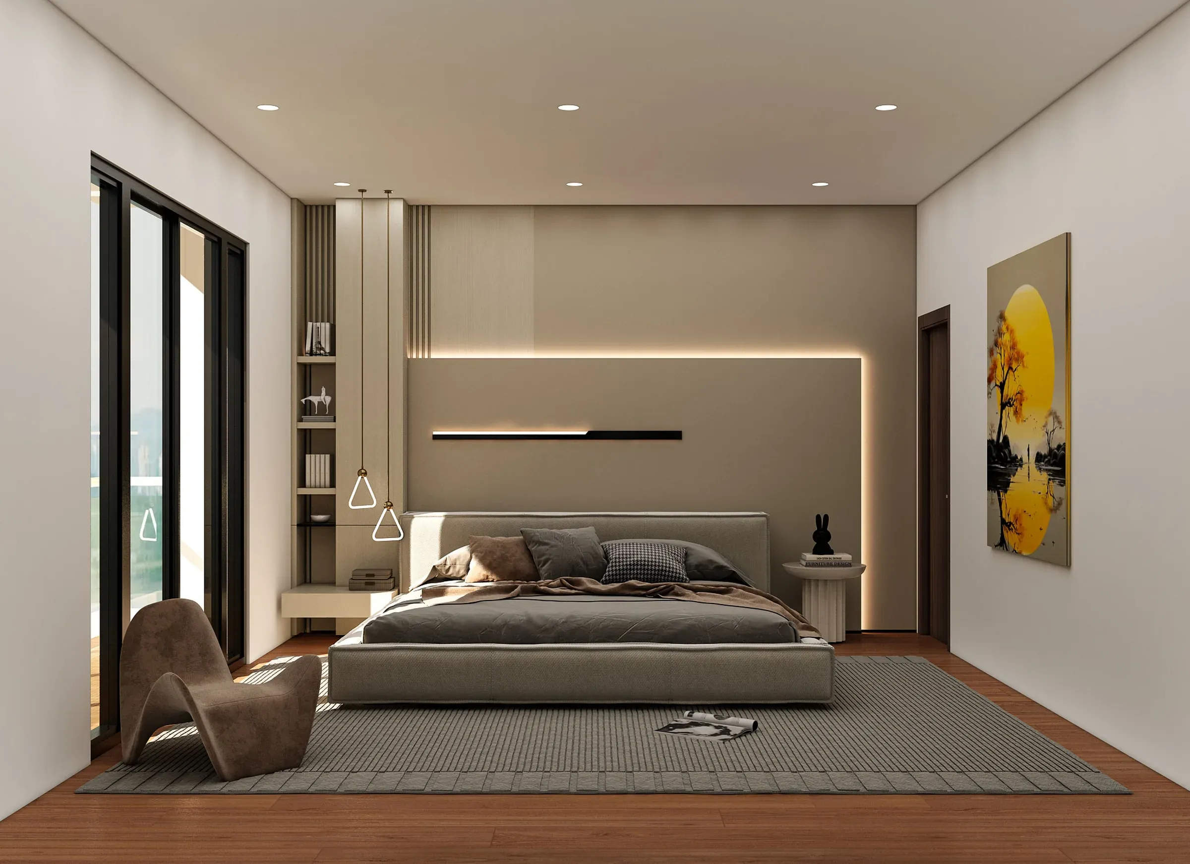 Minimal grey bedroom with an LED-lit headboard wall, pendant lights, wall shelves and yellow wall art