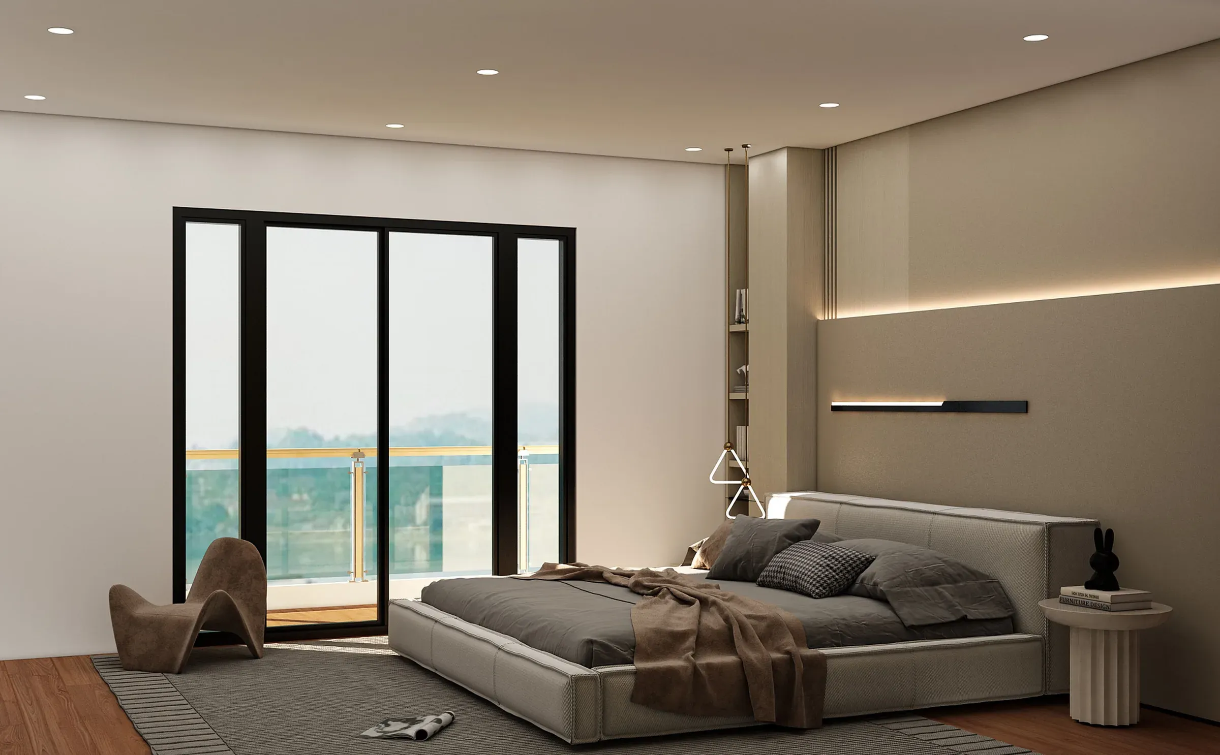 Minimal grey bedroom with a low platform bed, black-framed sliding balcony door and LED-lit headboard wall