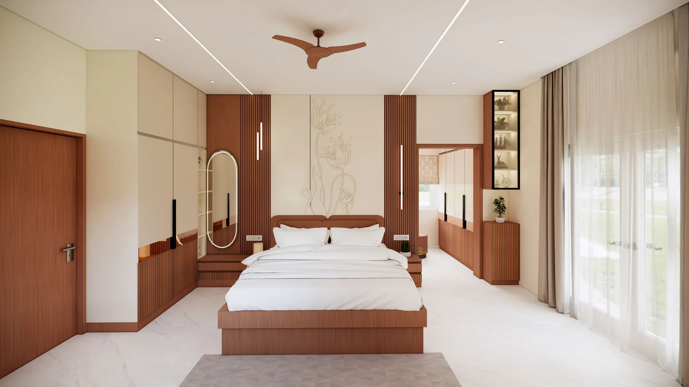 Warm bedroom with teak wood panels around the bed, line-art feature wall, oval mirror and built-in wardrobe