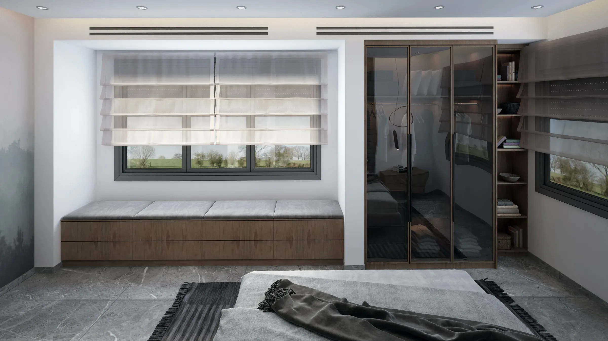 Bedroom window seat with storage drawers, Roman blinds, a smoked-glass wardrobe and bookshelf