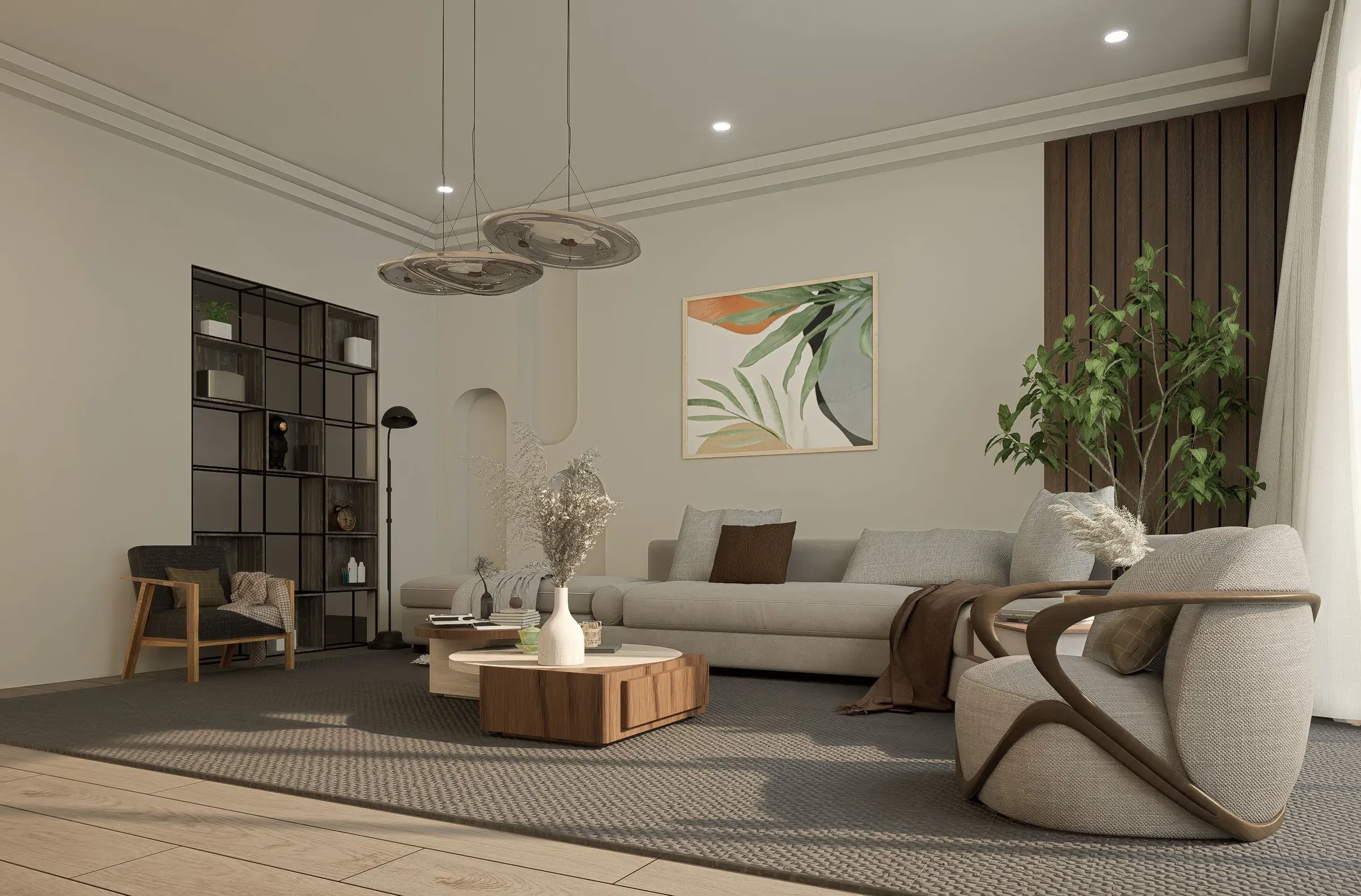 Living room with curved boucle chairs, arched wall niches, wooden slat panel, leaf art and saucer pendants
