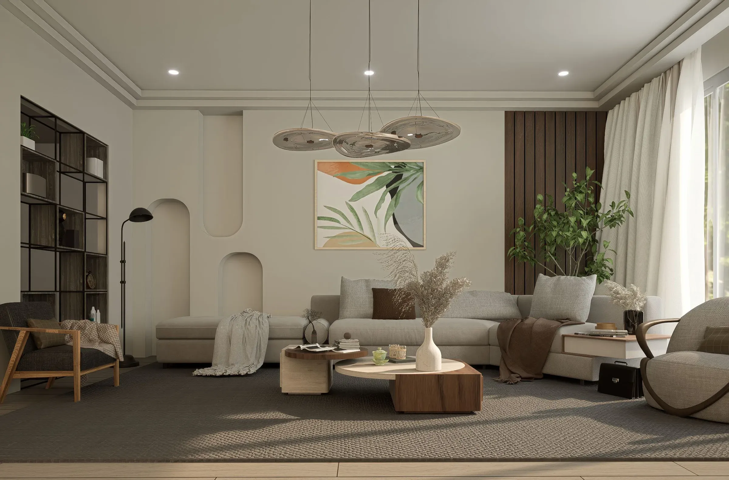 Neutral living room with a grey sectional, arched wall niches, wooden coffee tables, leaf art and saucer pendants