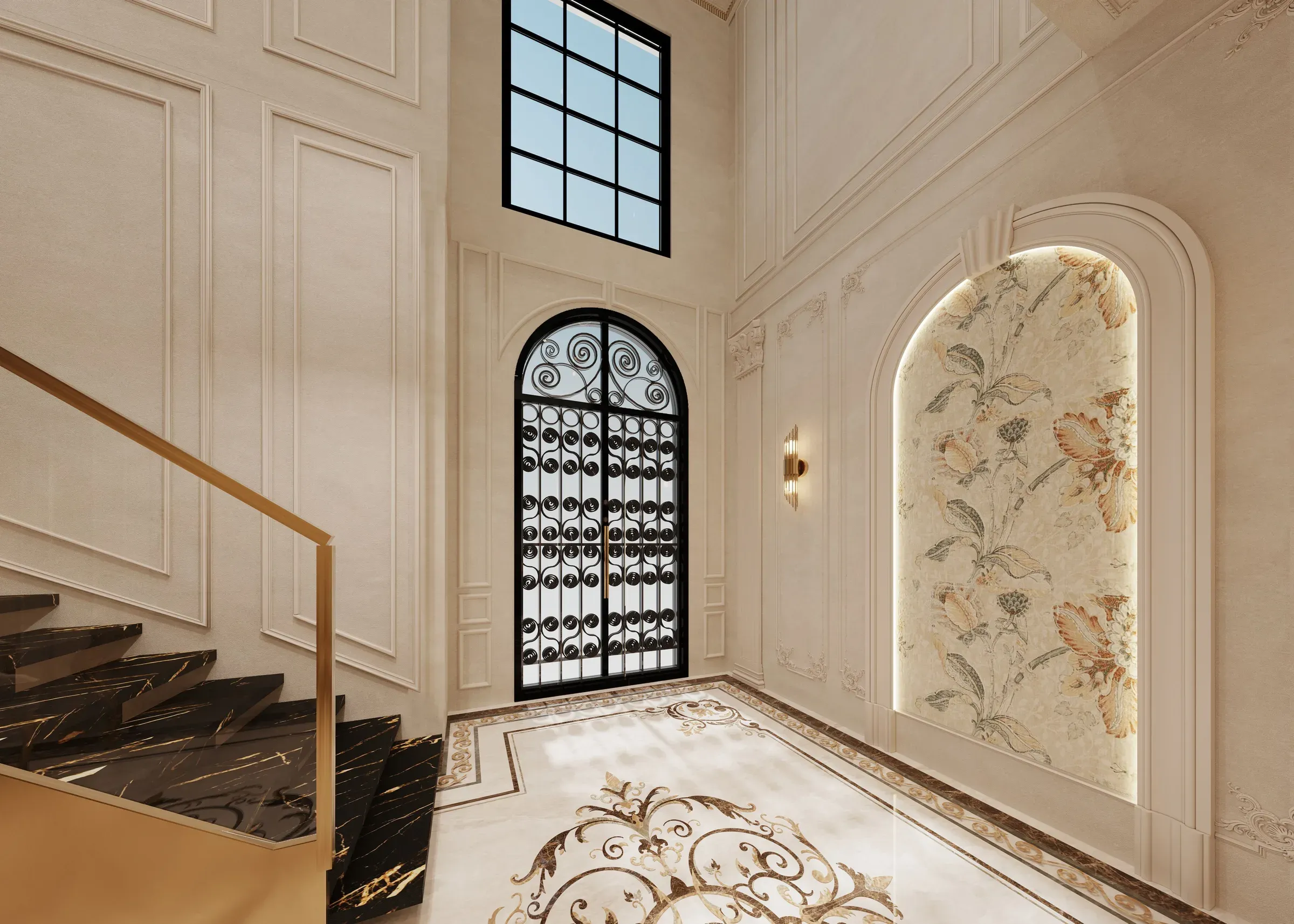 Double-height foyer with an arched black wrought-iron main door, floral arched niche and black marble stairs