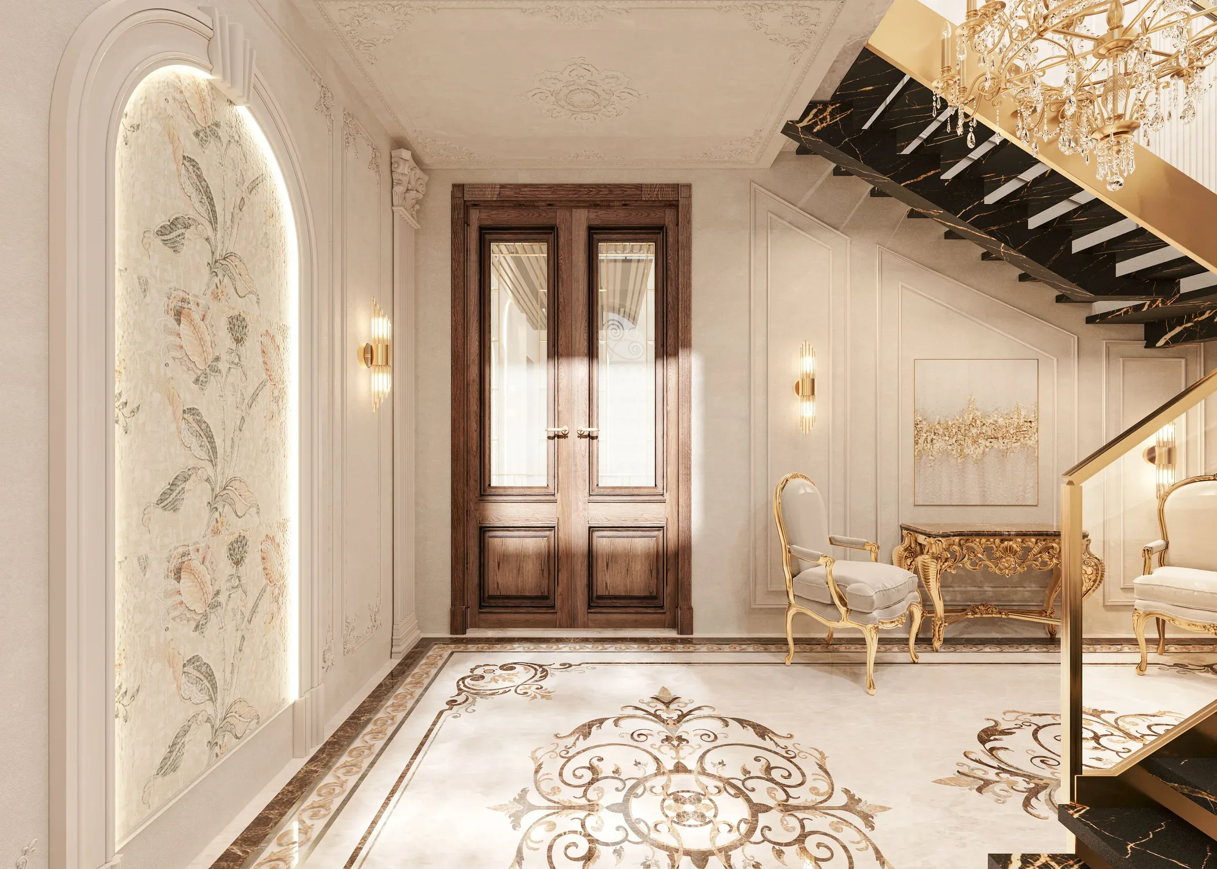 Classic foyer with a wooden double door with glass panels, arched floral niche and marble inlay floor