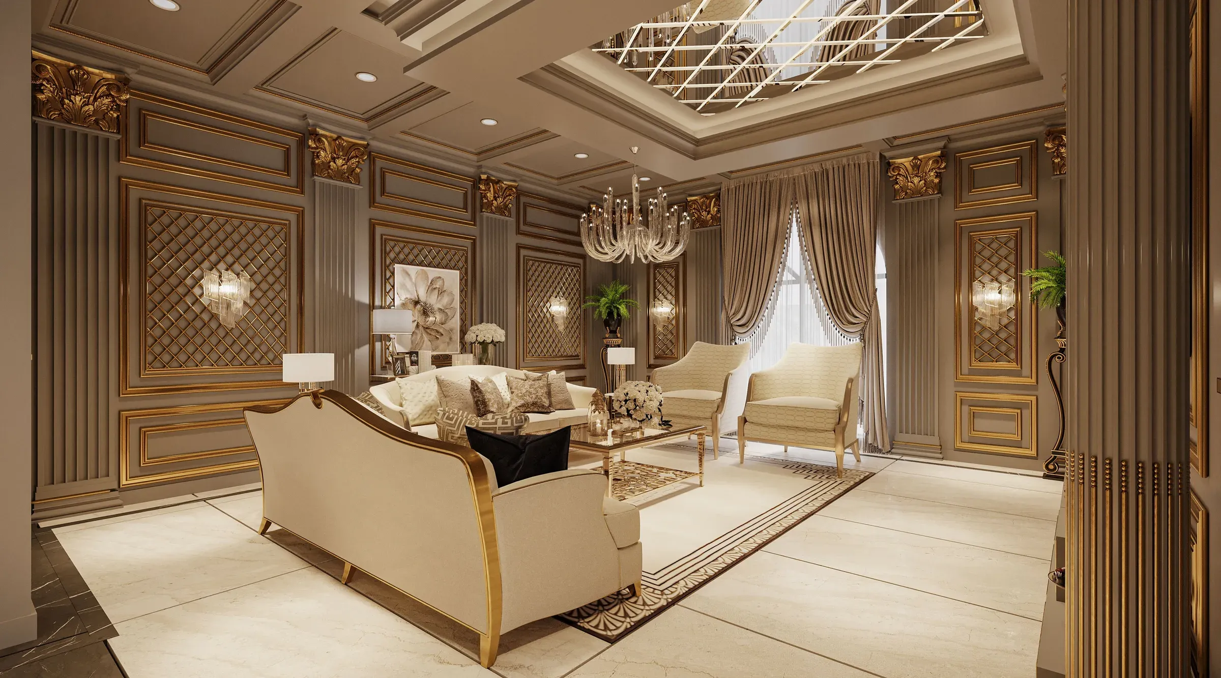 Classical sitting room with gold-trimmed wall mouldings, a mirrored skylight ceiling and cream sofas