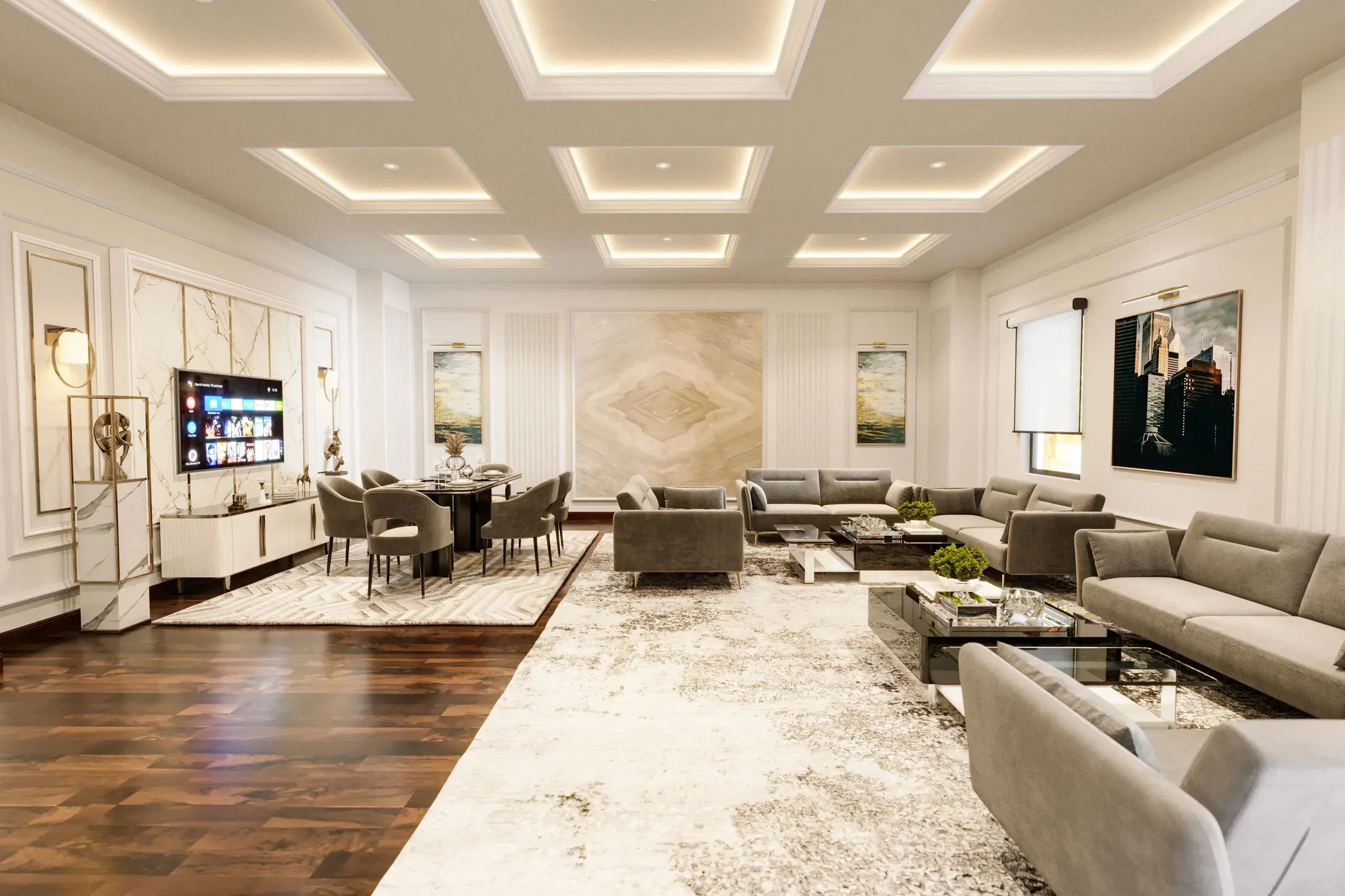 Large family lounge with a coffered cove-lit ceiling, grey sofas, dining set, TV unit and marble feature wall