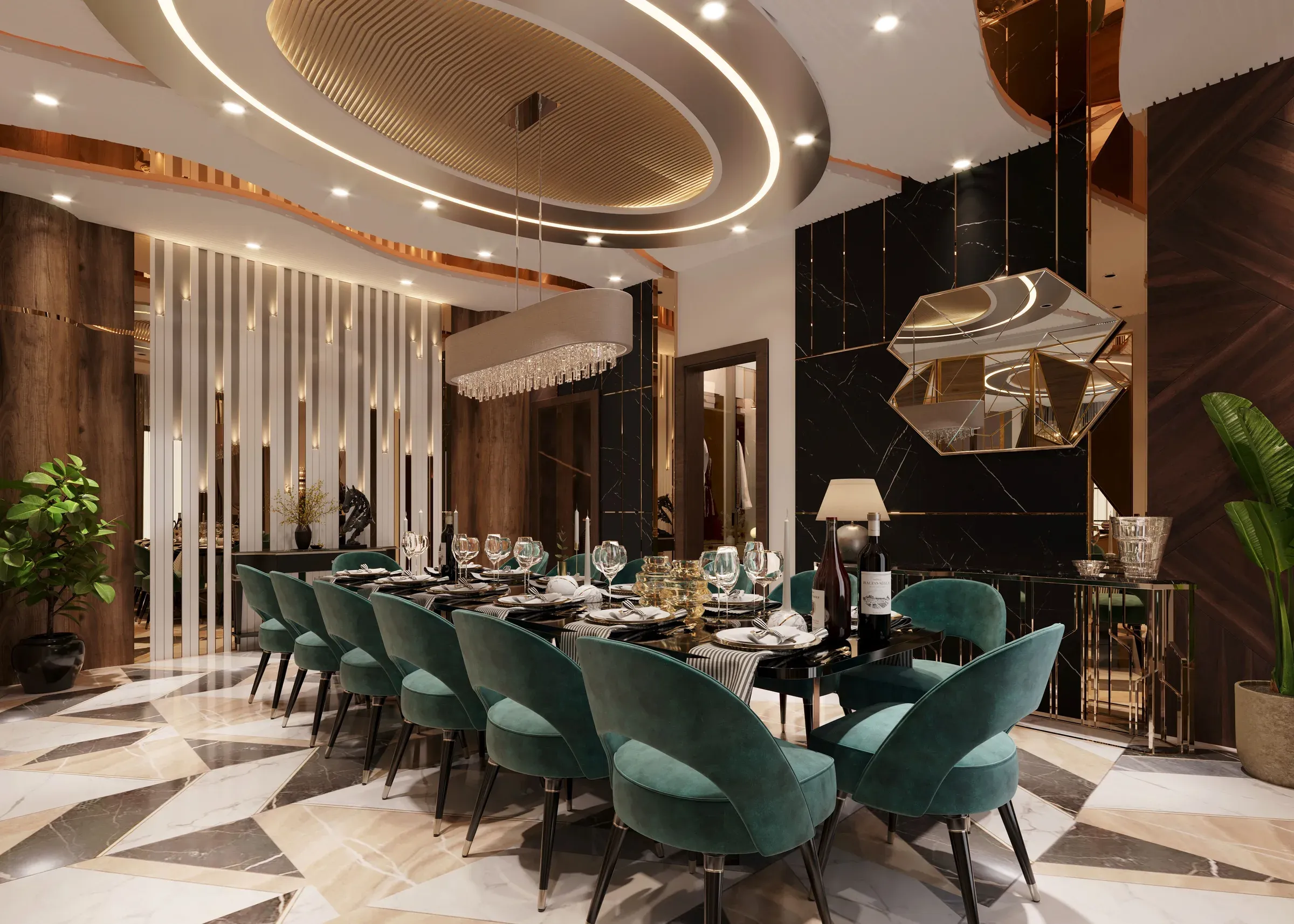 Luxury dining room with an oval cove ceiling, green velvet chairs, black marble wall and faceted mirror