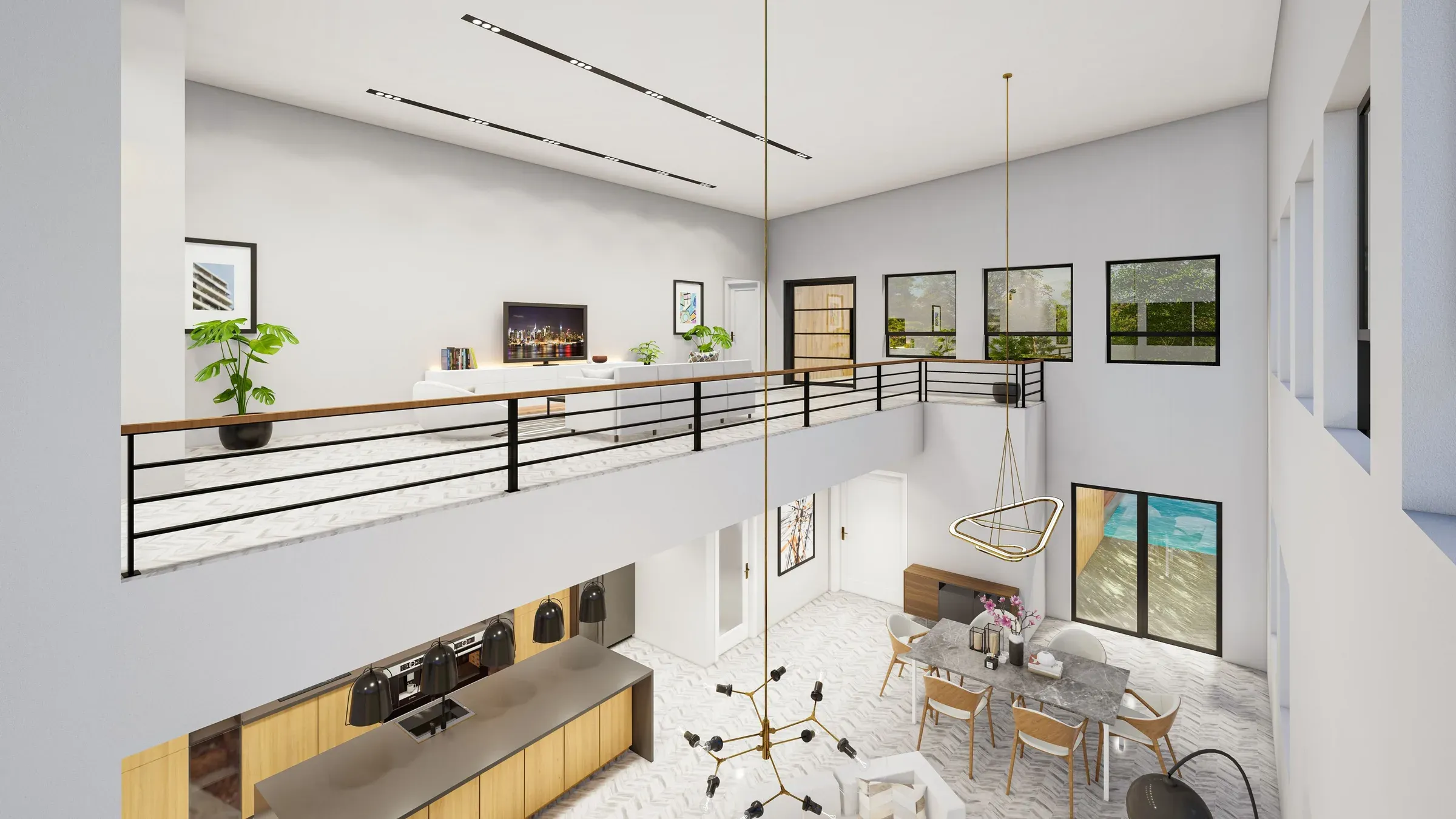 Double-height duplex home with a mezzanine lounge behind a black railing, open kitchen and dining below