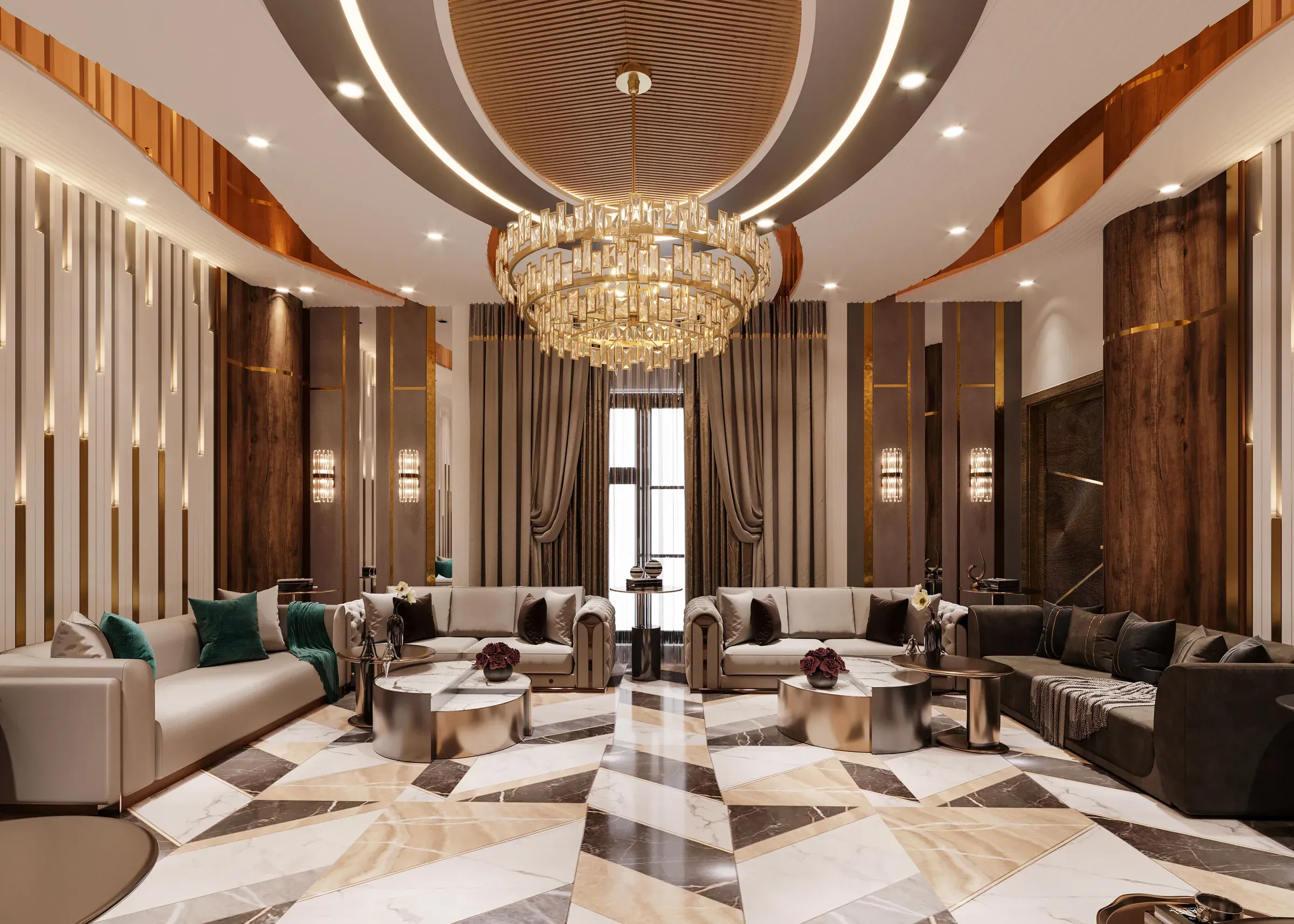 Luxury lounge with a wooden slatted ceiling dome, crystal chandelier, bronze accents and geometric marble floor