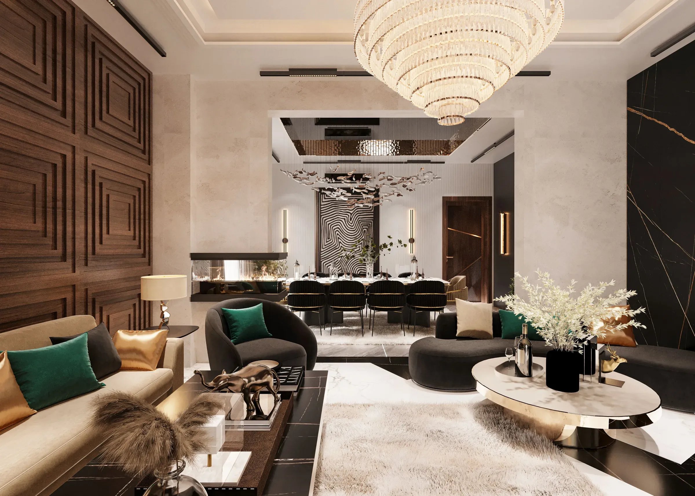 Luxury living room with wooden 3D wall panels, a crystal chandelier, black marble wall and green velvet cushions