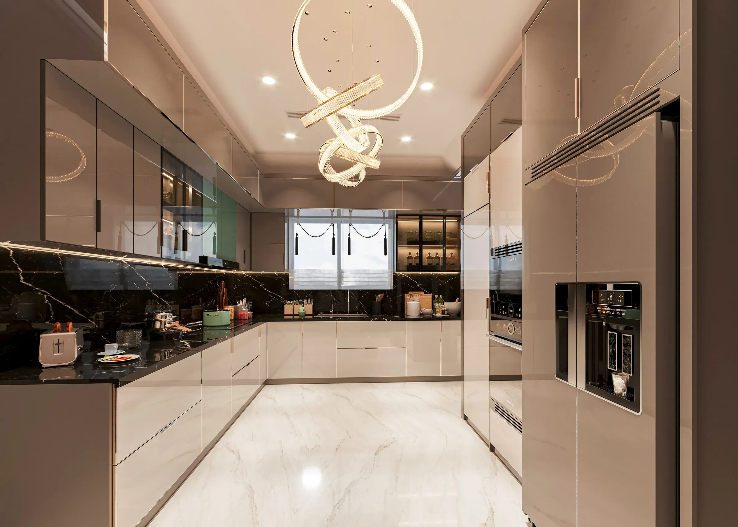 Luxury kitchen with cream gloss shutters, black marble counter and backsplash, ribbon chandelier and side-by-side fridge