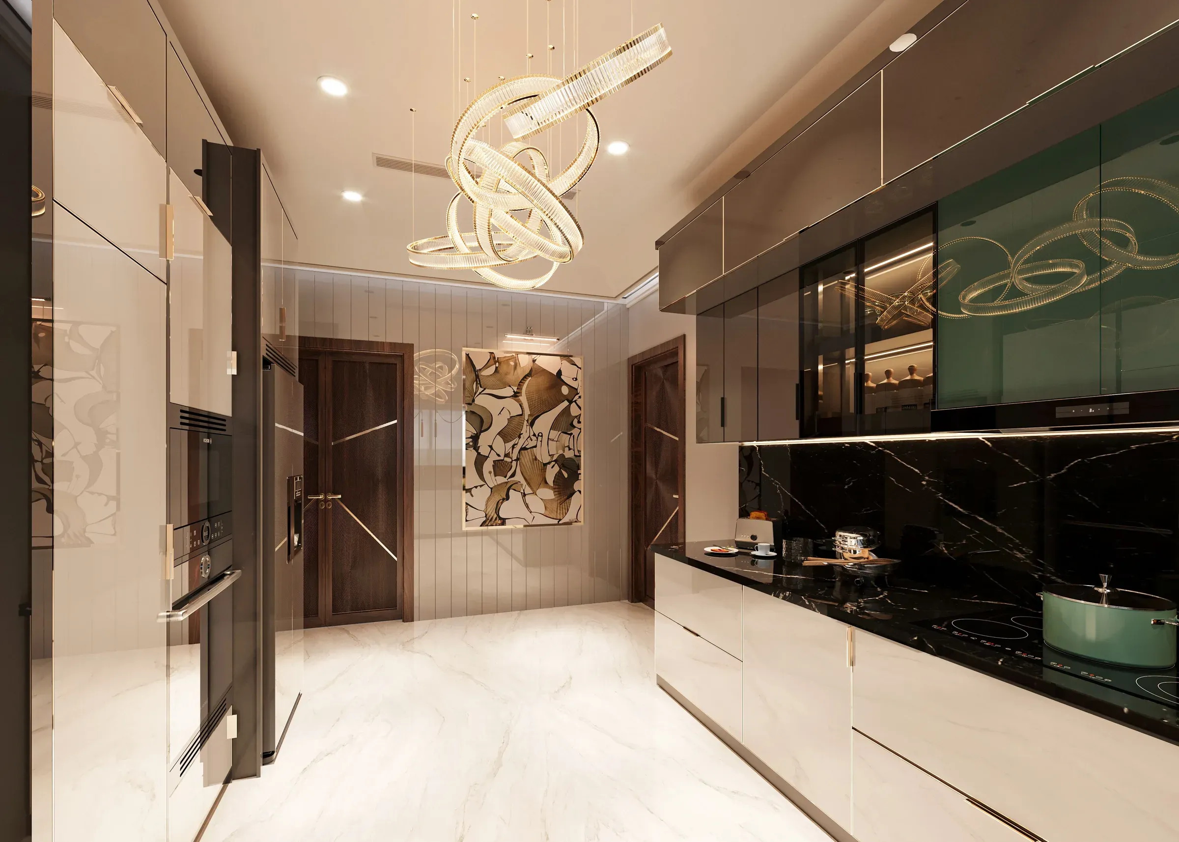 Cream gloss kitchen with smoked glass wall cabinets, black marble counter, built-in oven and induction hob