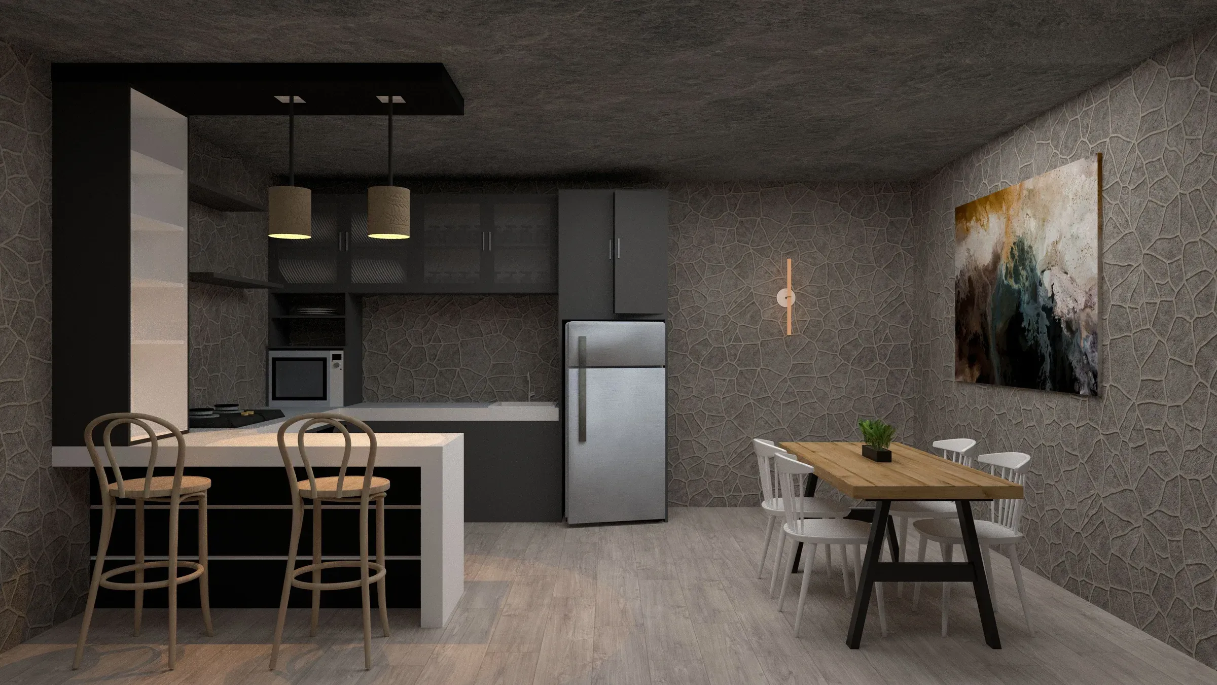 Render of a dark kitchen with black cabinets, a white breakfast counter, bar chairs and a steel fridge
