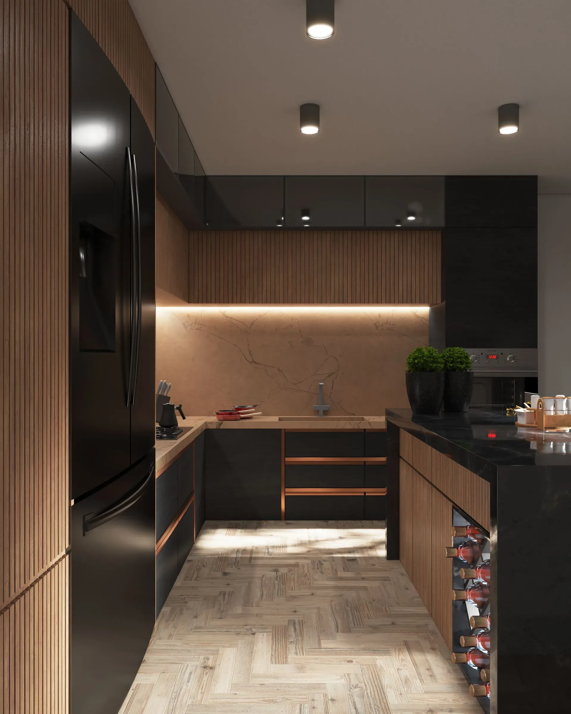 Dark kitchen with fluted walnut shutters, black upper cabinets, black marble island with wine rack and herringbone floor