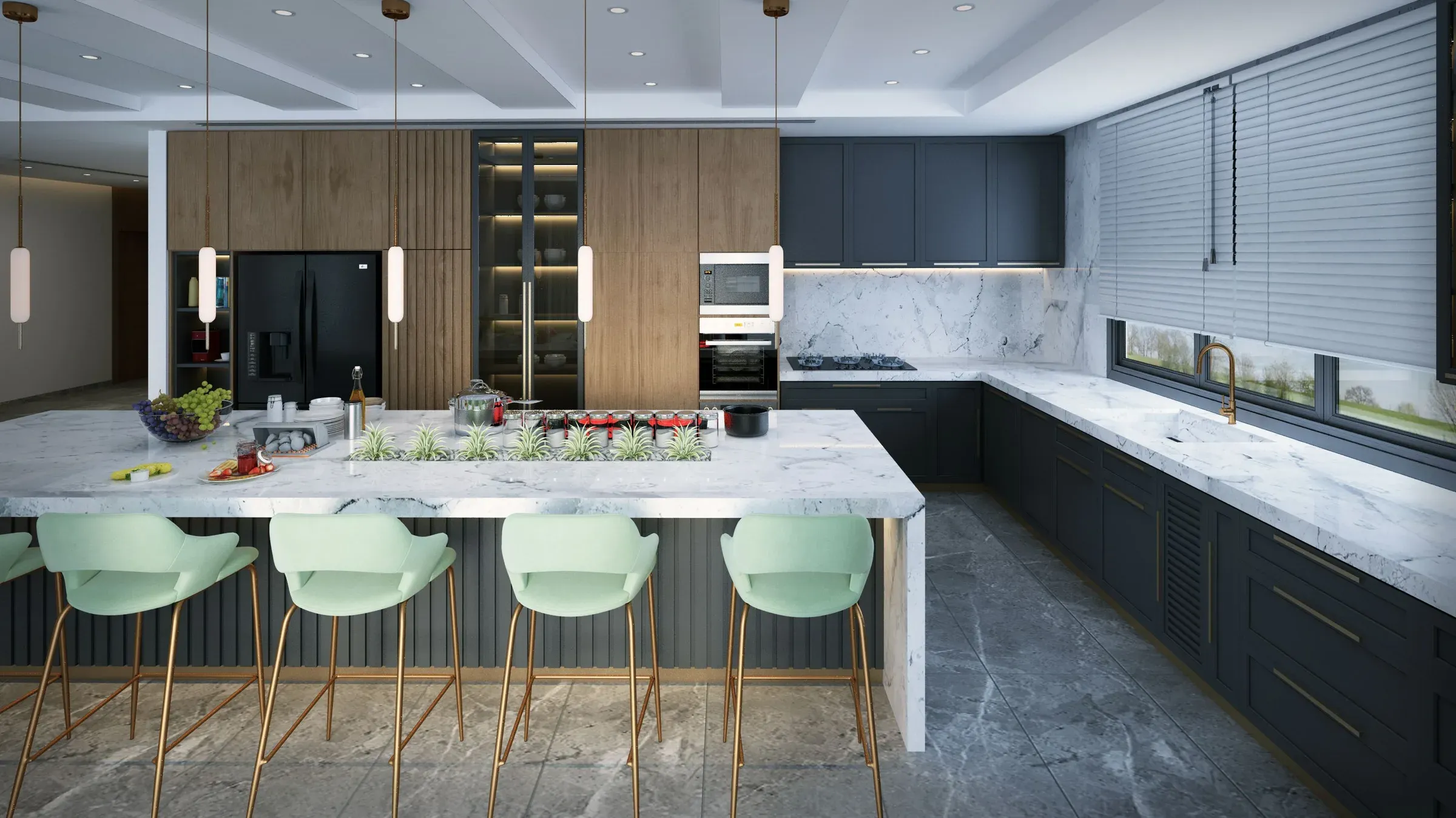 Large island kitchen with a white marble top, mint bar stools, navy base cabinets and pendant lights