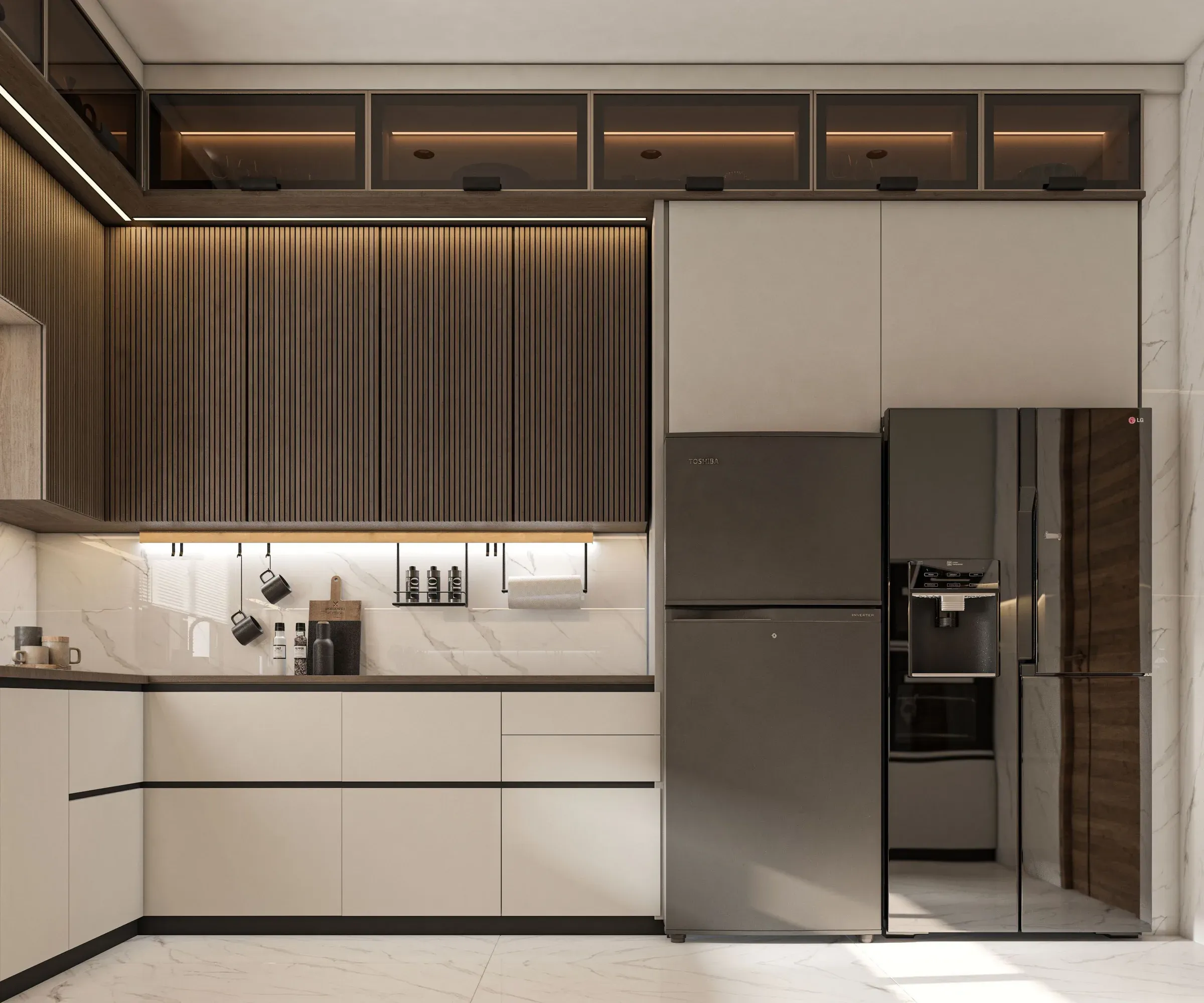 L-shaped kitchen with fluted walnut upper shutters, white handleless base units, glass top cabinets and a double-door fridge