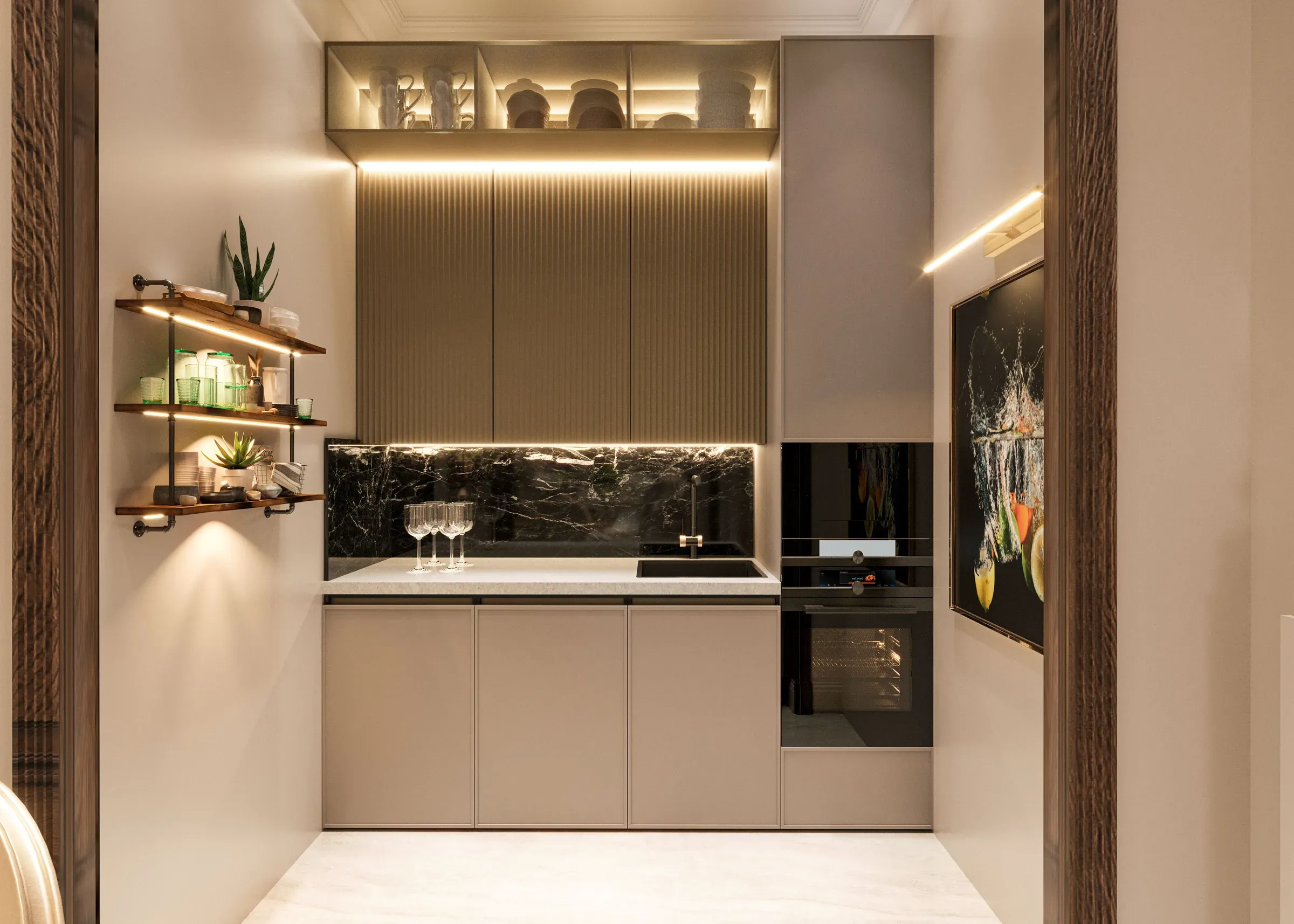 Small beige kitchen with fluted shutters, black marble backsplash, built-in oven and open wall shelves
