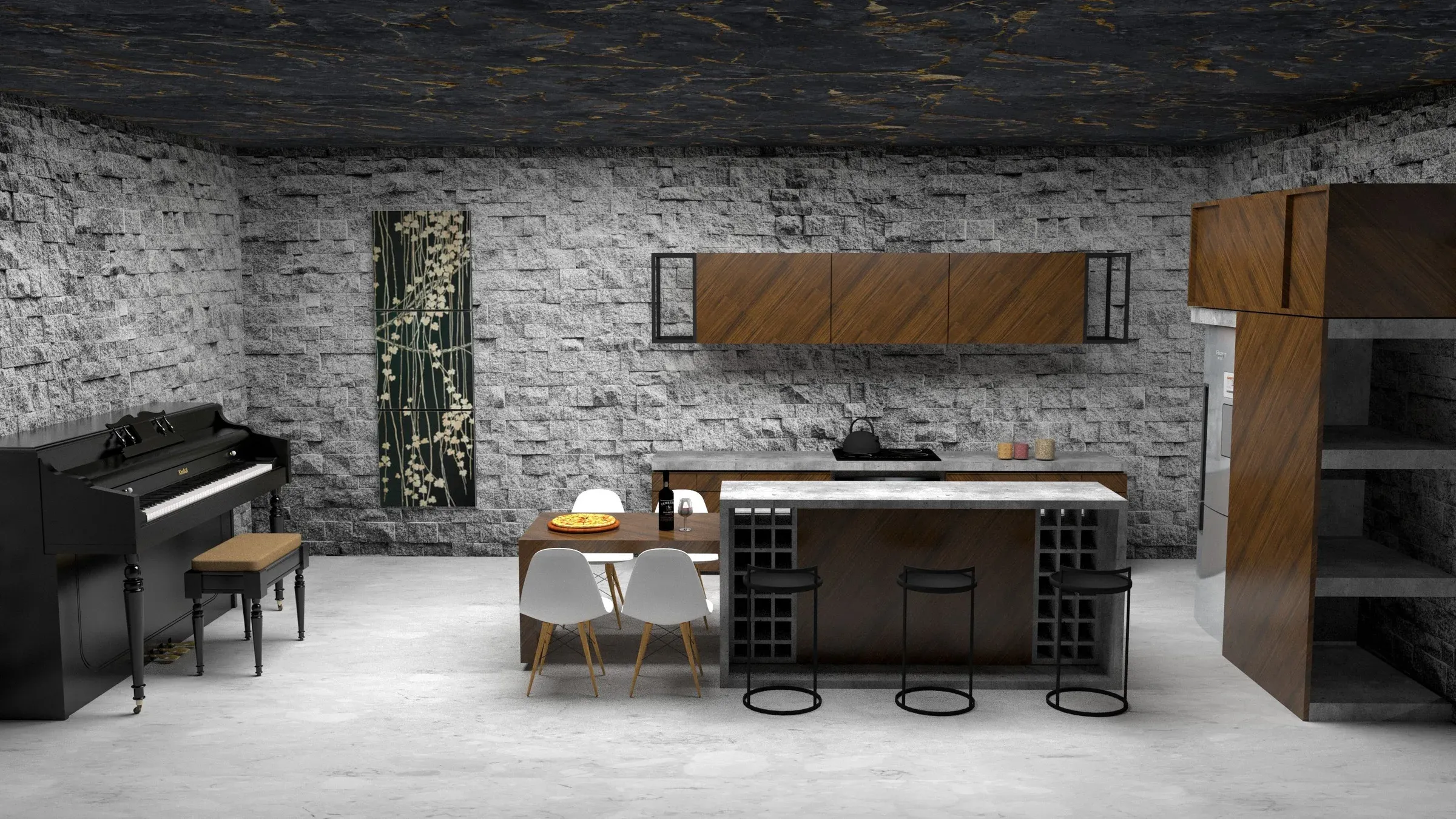 Render of a loft kitchen with stone walls, a wooden island with bar stools and wine storage