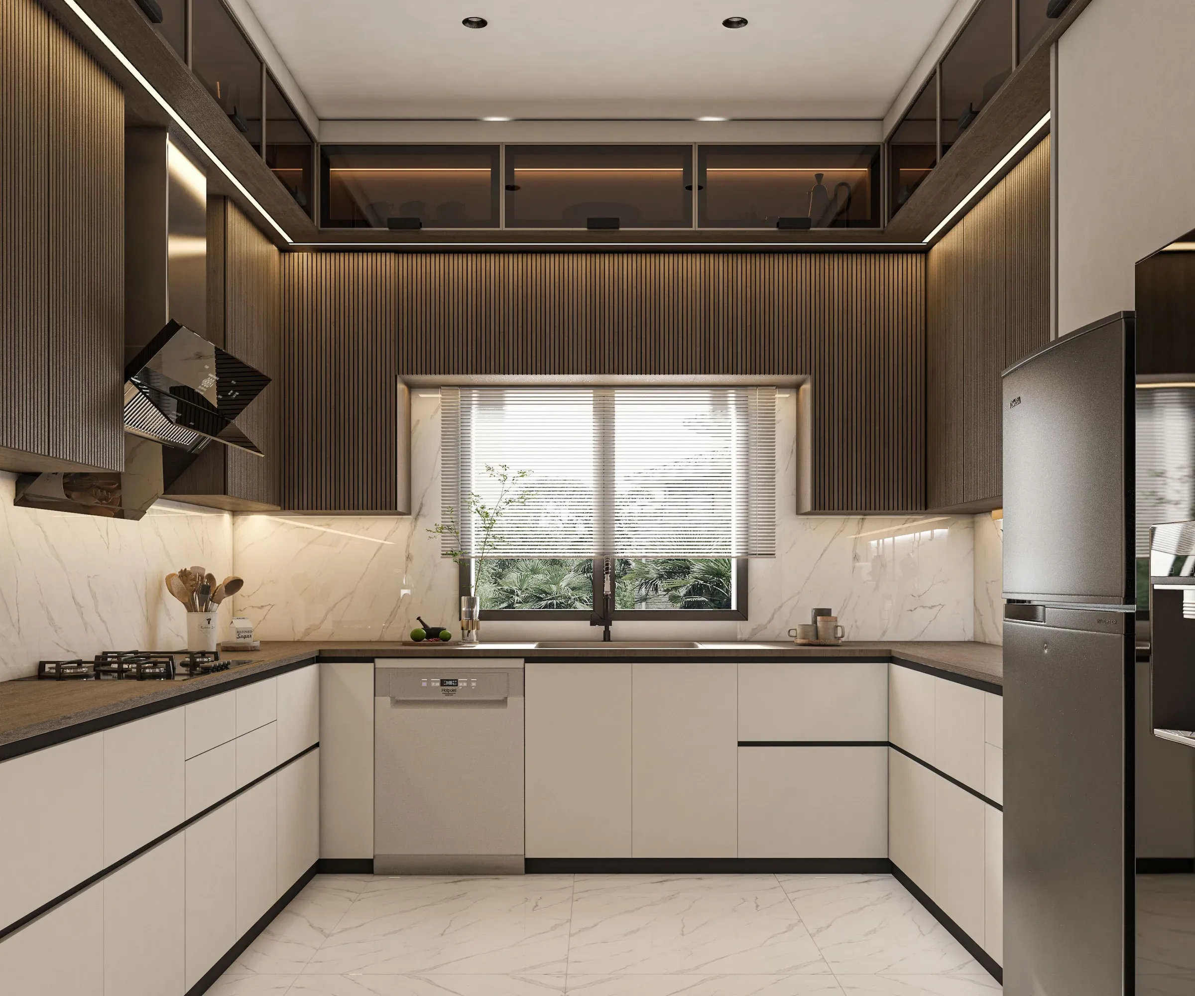 U-shaped kitchen with fluted walnut uppers, white base units, a sink under the window and dishwasher