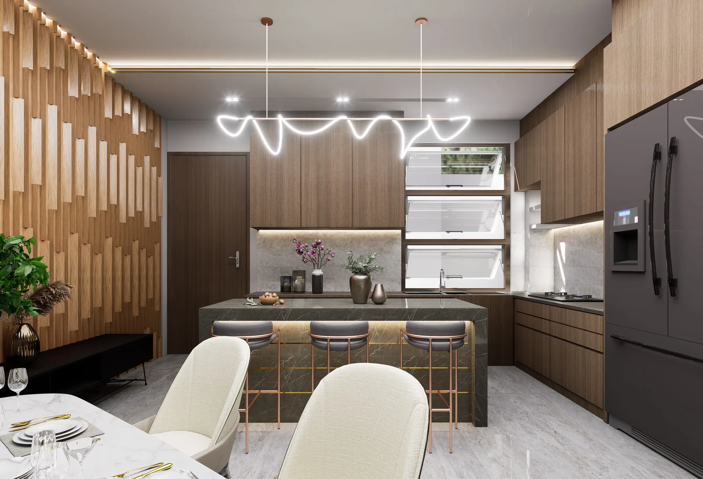 Walnut island kitchen with a dark stone island, rose-gold bar stools, neon pendant and wooden slat wall