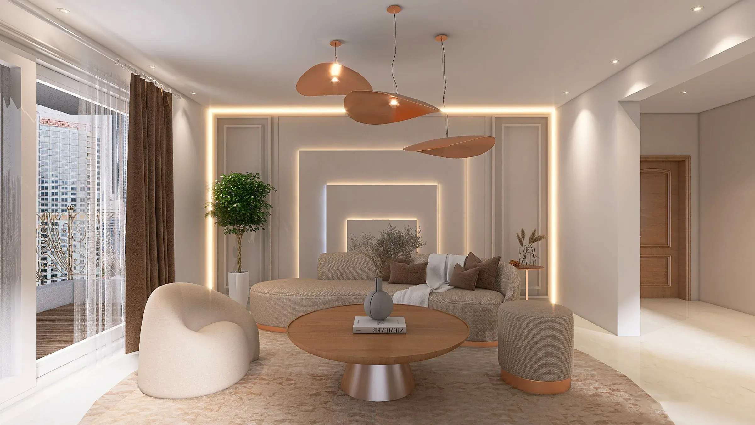 Living room with a backlit panelled feature wall, curved sofa, copper disc pendants and round centre table