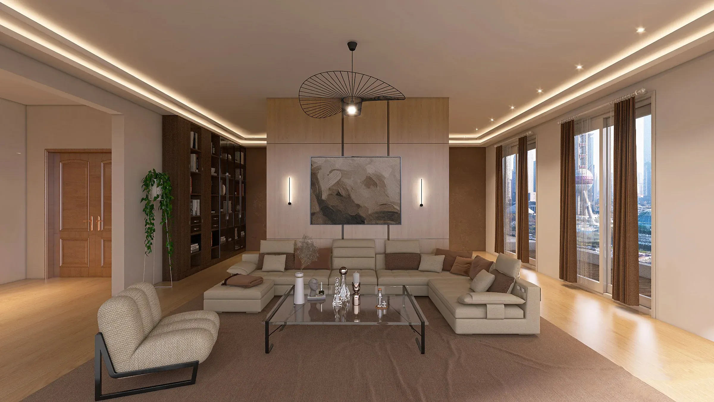 Spacious living room with a beige sectional, wooden wall panel with art, bookcase and cove-lit ceiling