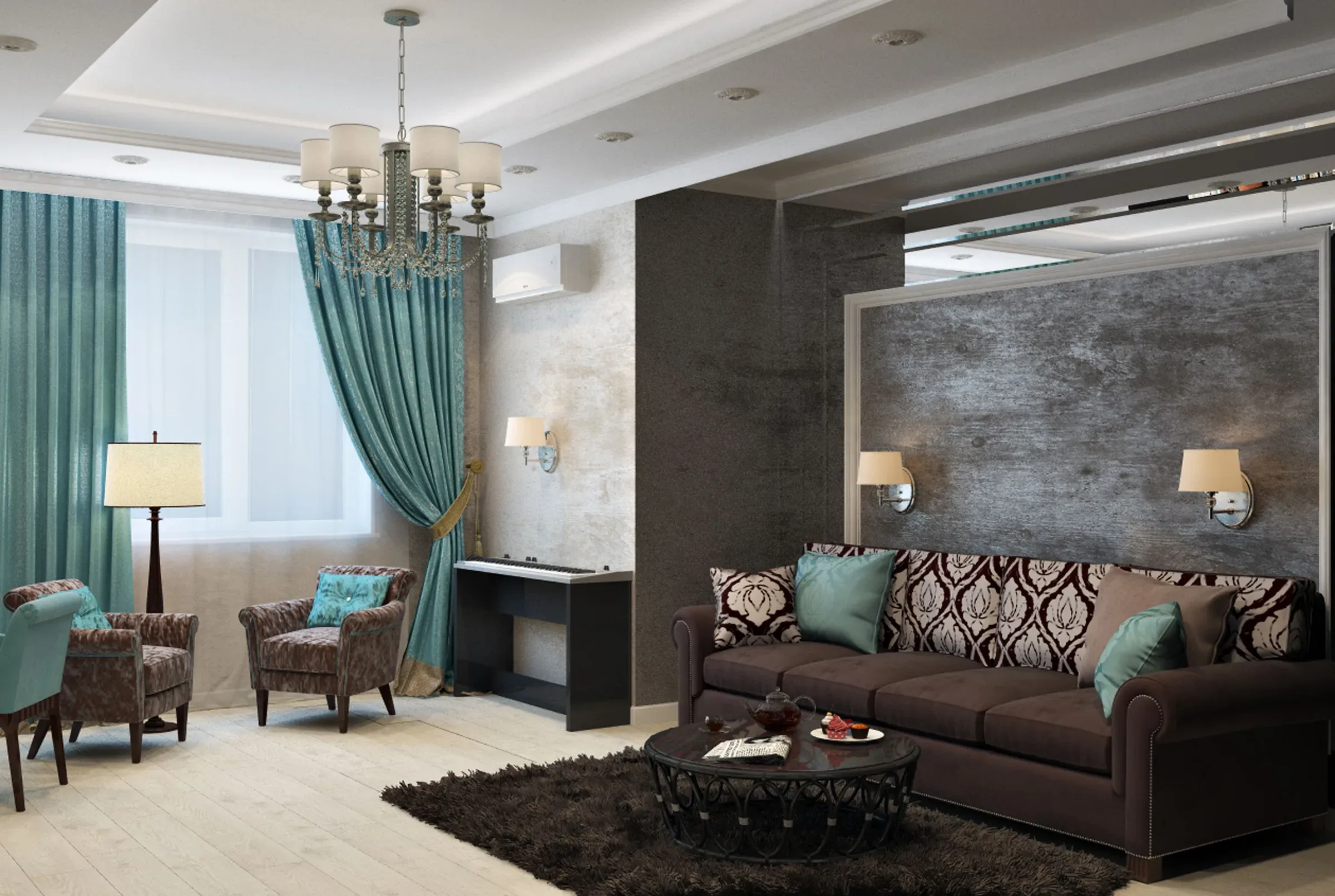Living room with a brown sofa, teal curtains, a chandelier, grey textured accent wall and wall sconces