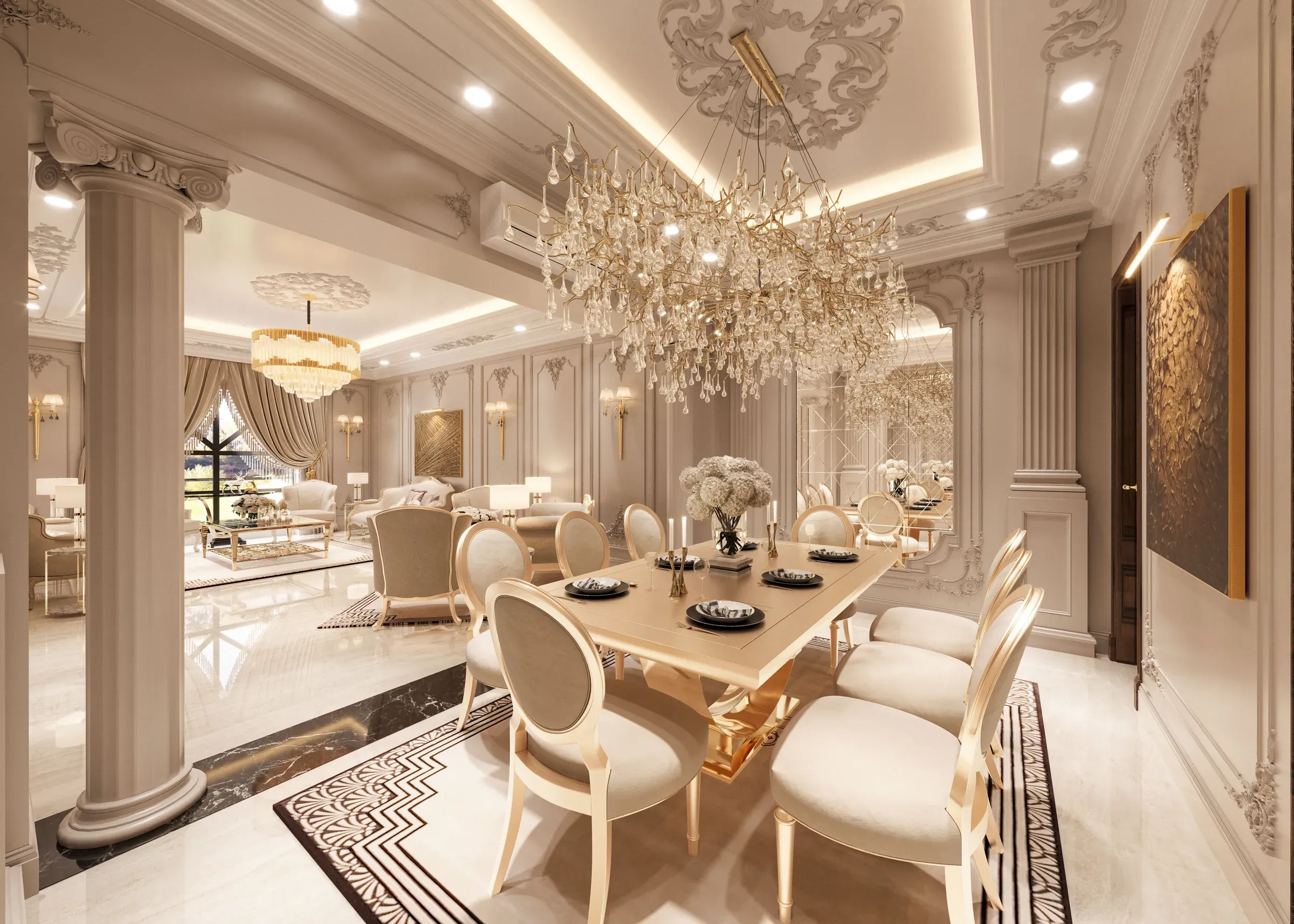 Classic dining room with a crystal chandelier, white columns, cream upholstered chairs and marble floor