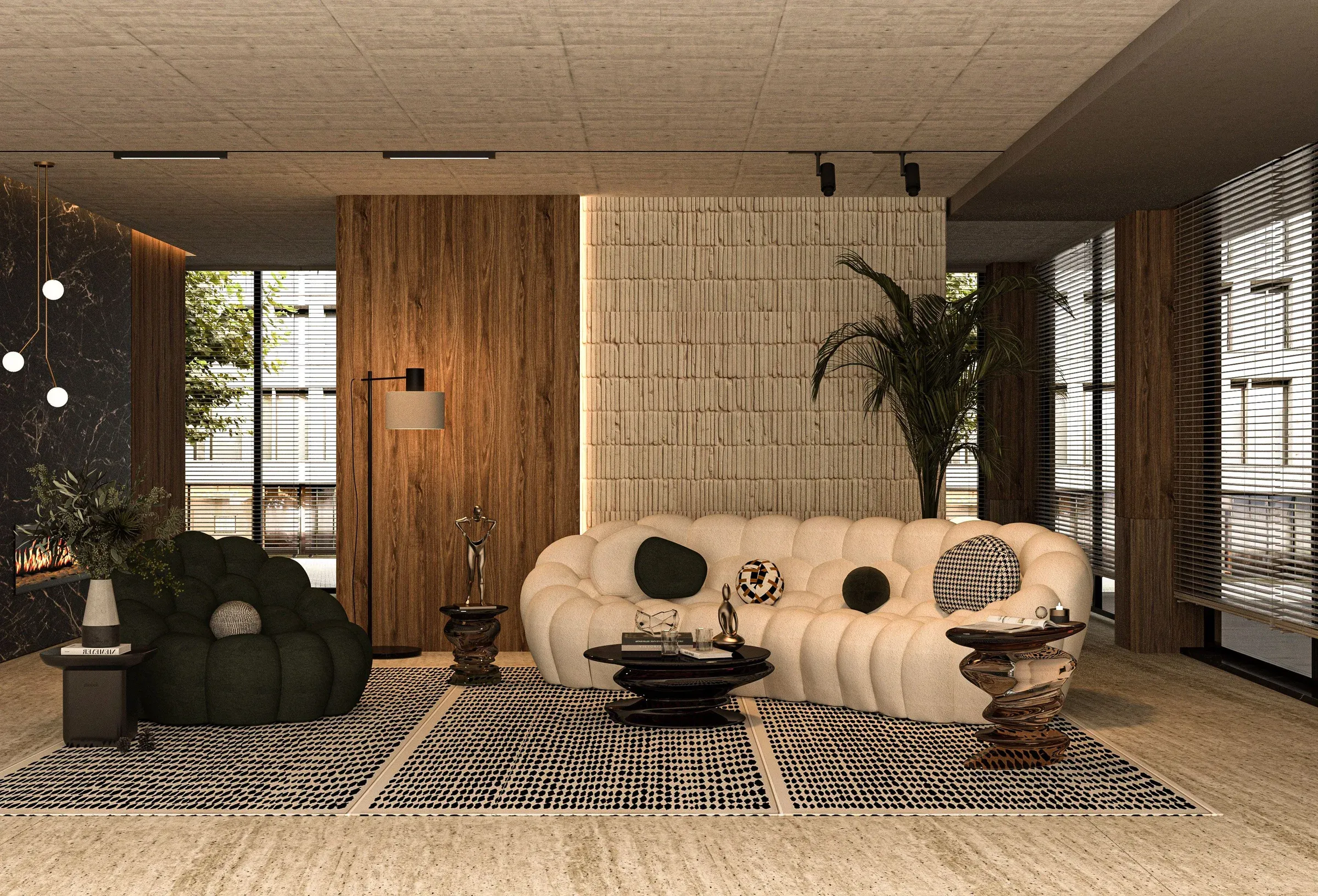 Living room with a cream bubble sofa, green armchair, wooden wall panel, textured stone wall and large windows