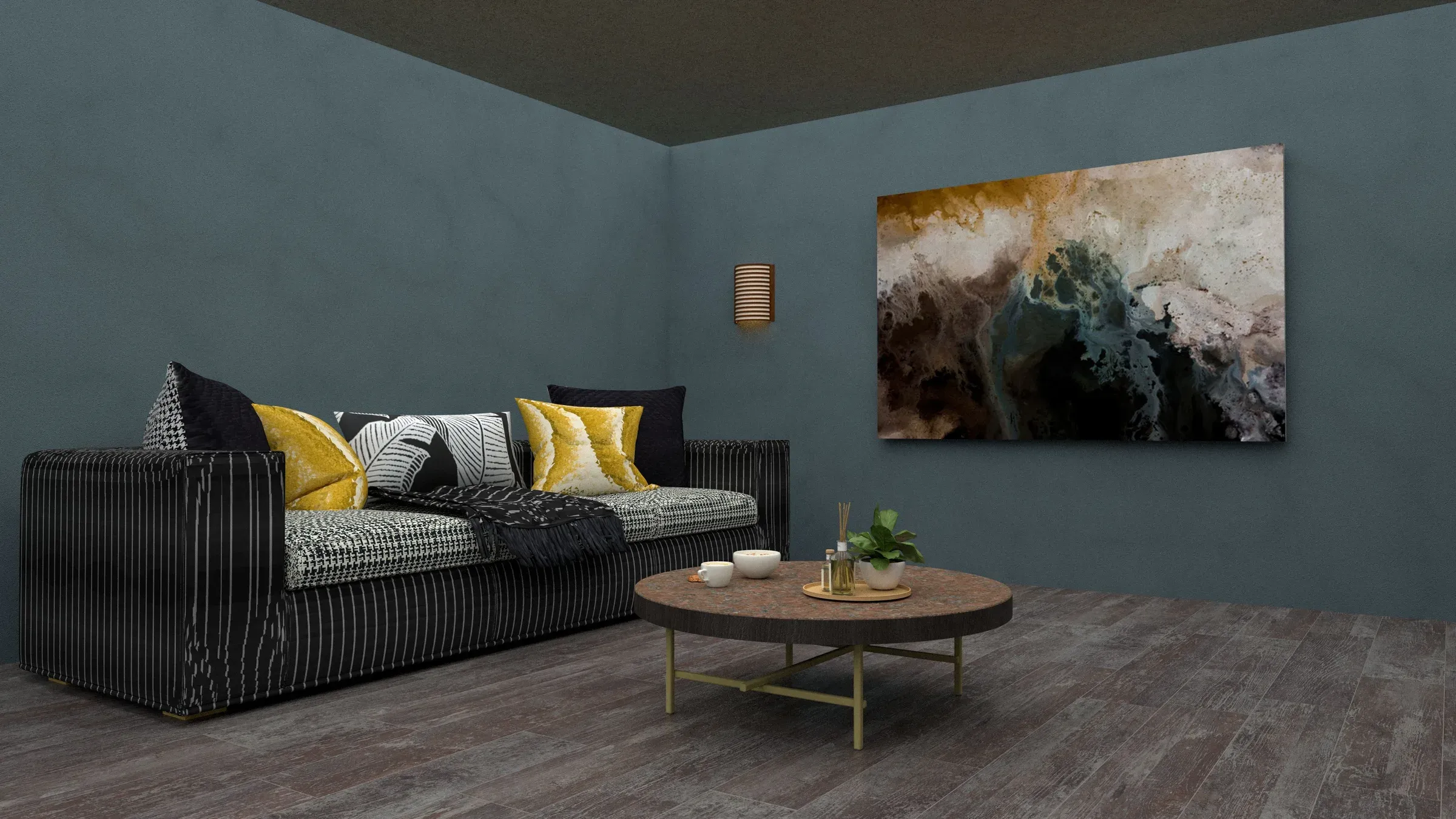 Render of a living room with a dark blue-grey wall, striped sofa with yellow cushions and abstract canvas art