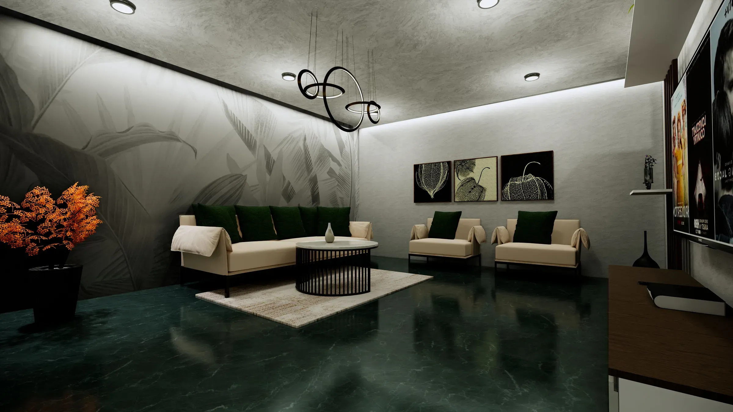 Render of a dark living room with leaf-print wallpaper, cream sofas with green cushions and framed prints