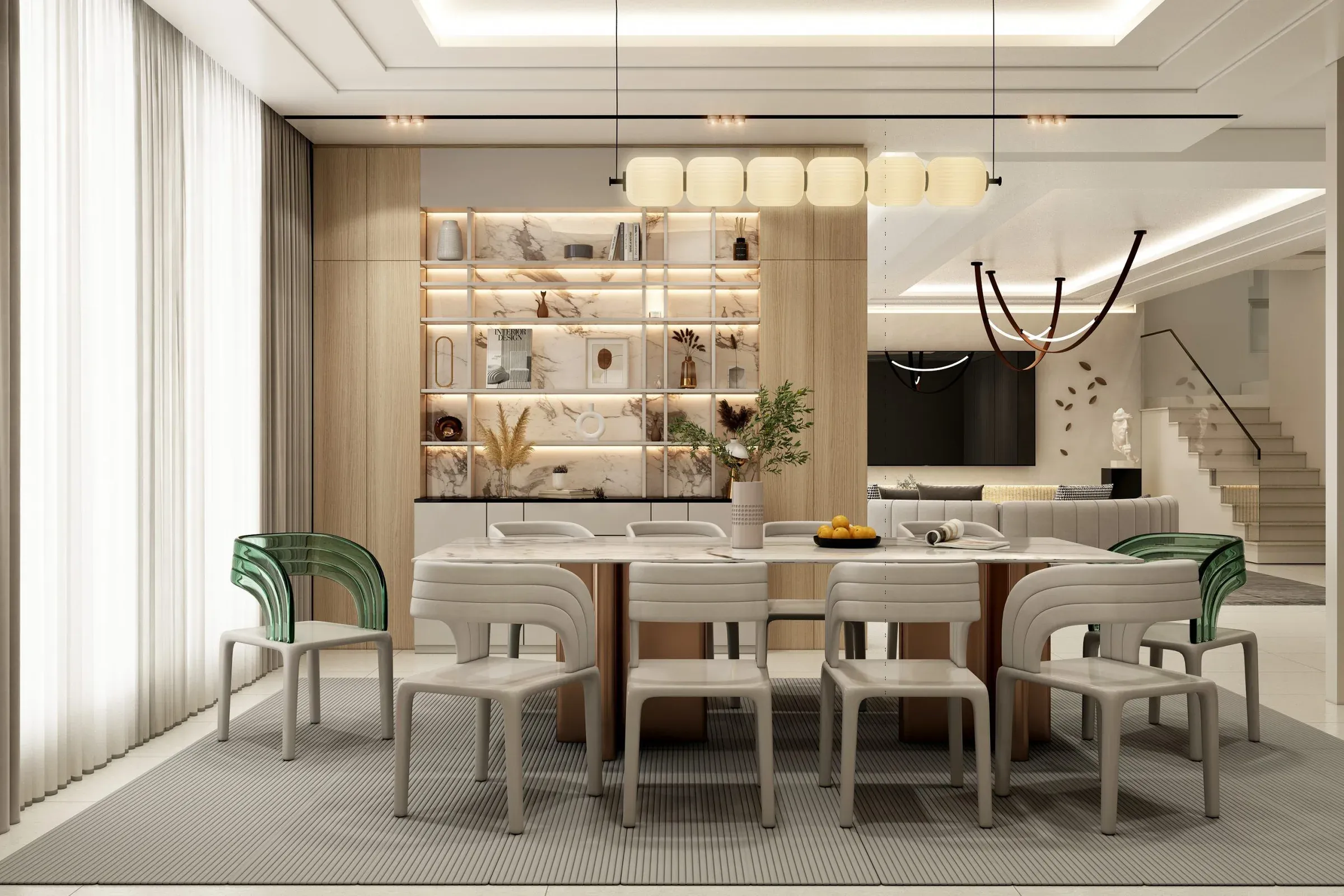 Dining room with backlit open display shelves, green glass chairs, linear pendant and staircase behind