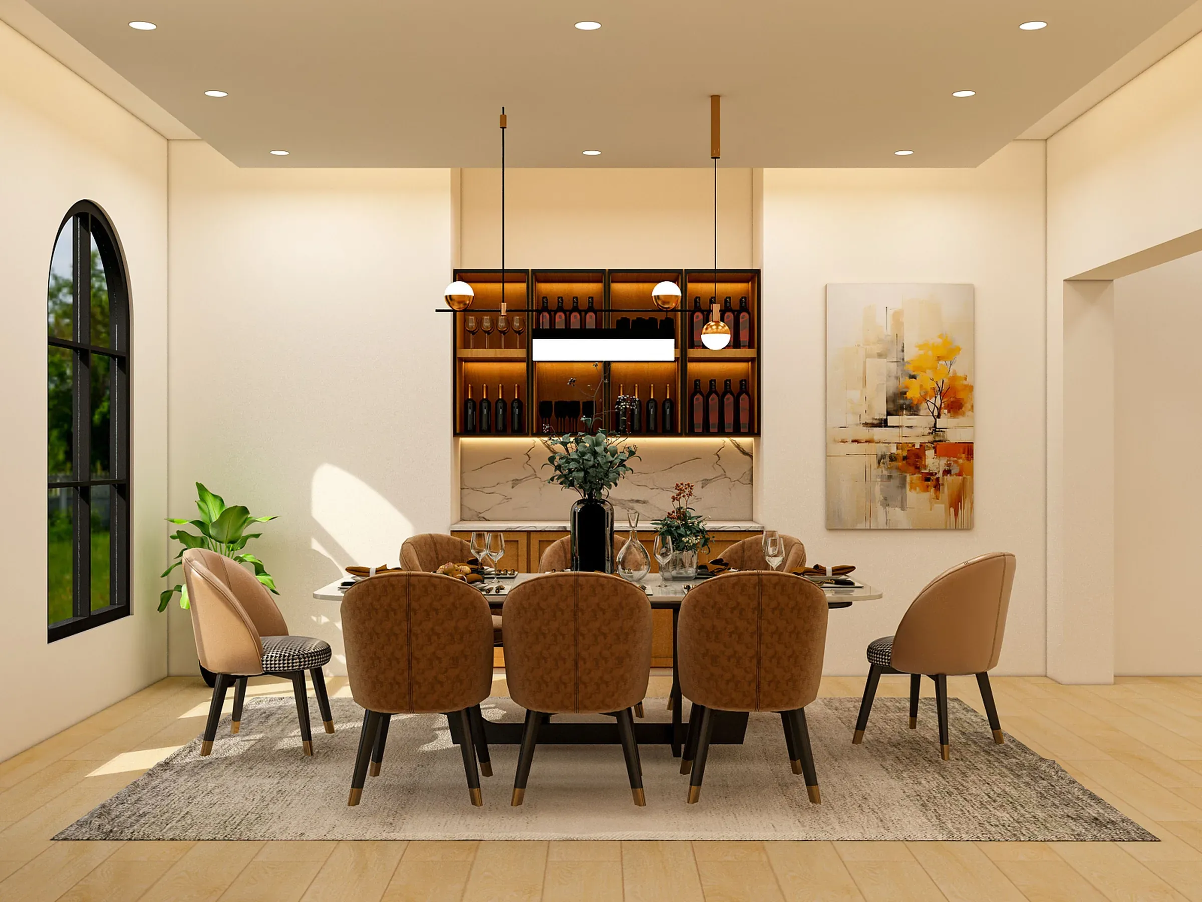 Dining room with a backlit wine display unit, tan upholstered chairs, arched window and pendant lights