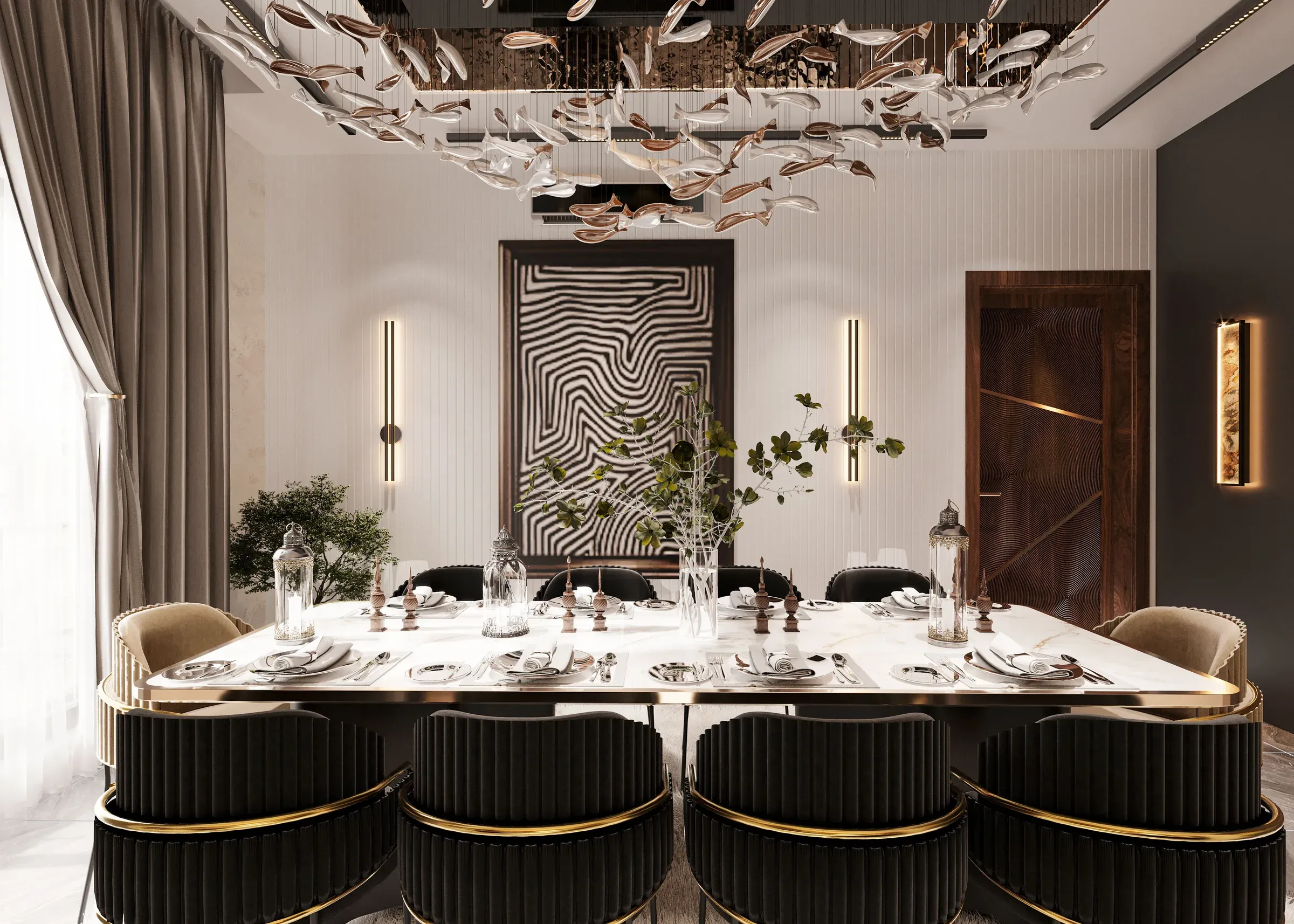 Dining room with black channel-back chairs, a marble table, fish-sculpture chandelier and black-and-white art