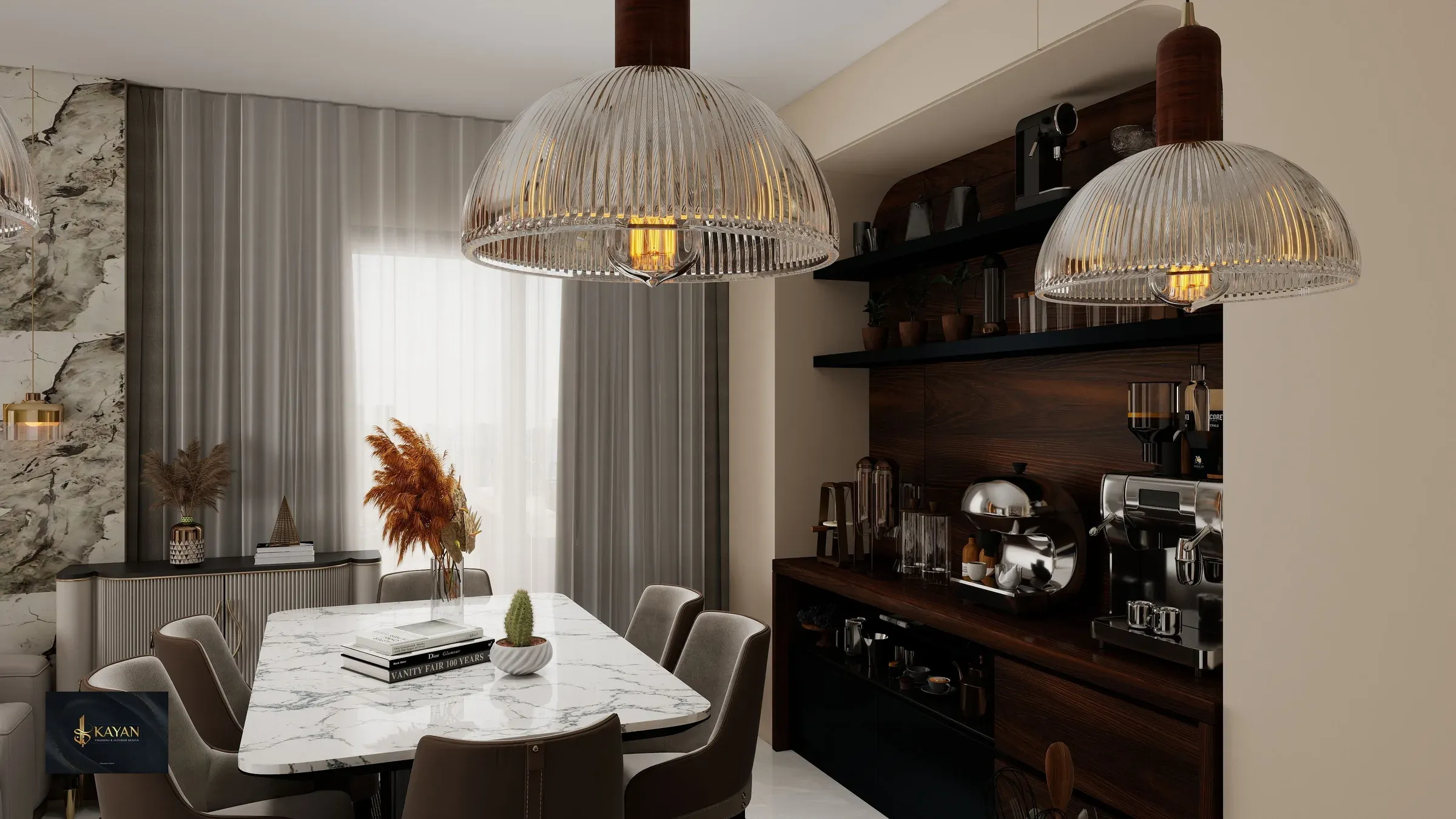 Dining area with a marble table, ribbed glass pendant lights and a walnut coffee-bar crockery unit