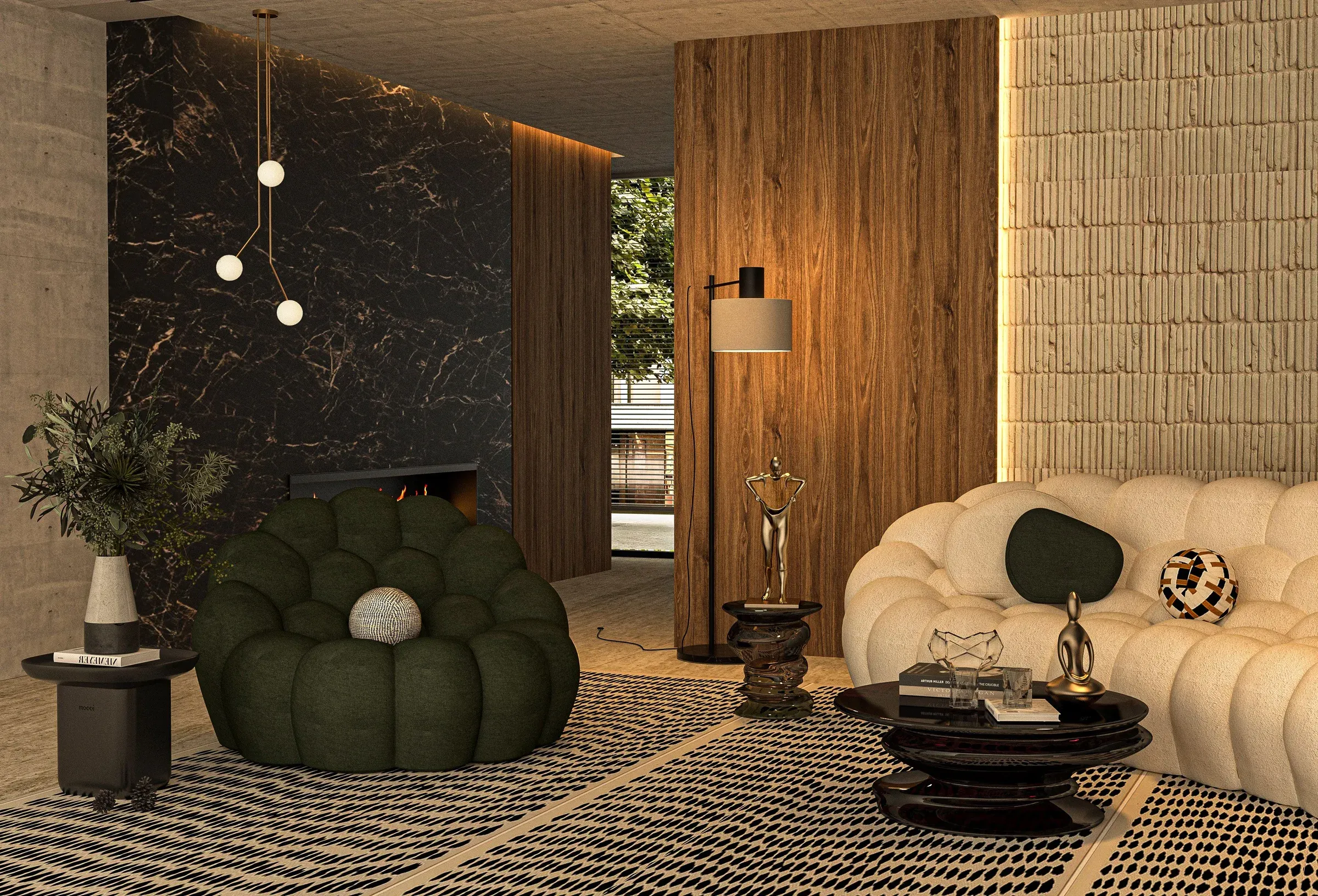 Living room with a green bubble armchair, black marble fireplace wall, wooden panel and globe pendants